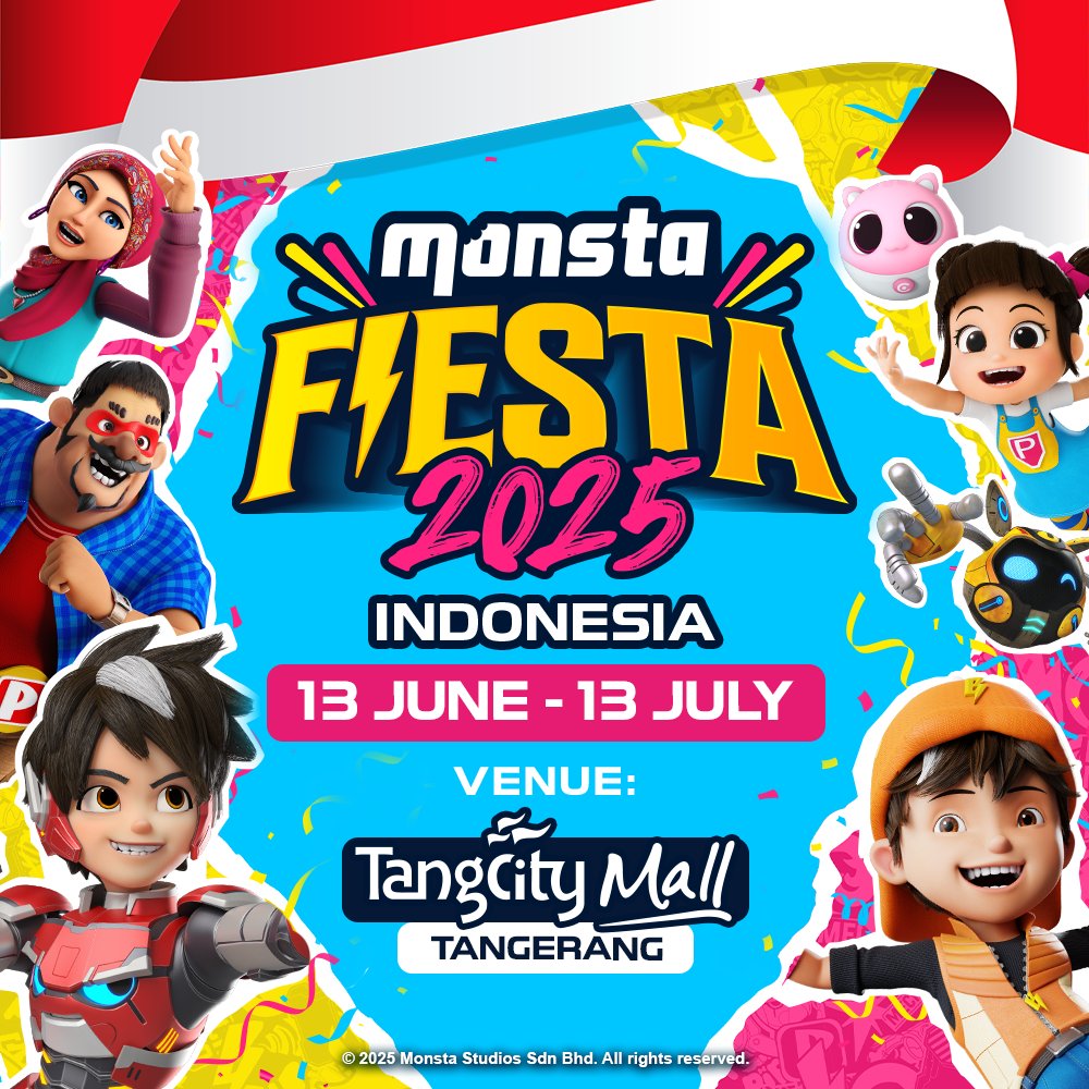 📢 MONSTA FIESTA is coming to INDONESIA ‼🇮🇩  

Have fun with #BoBoiBoy #Mechamato #PapaPipi and many more awesome activites at the Tangcity Mall this June &amp; July! #YukMonstaFiesta ⚡