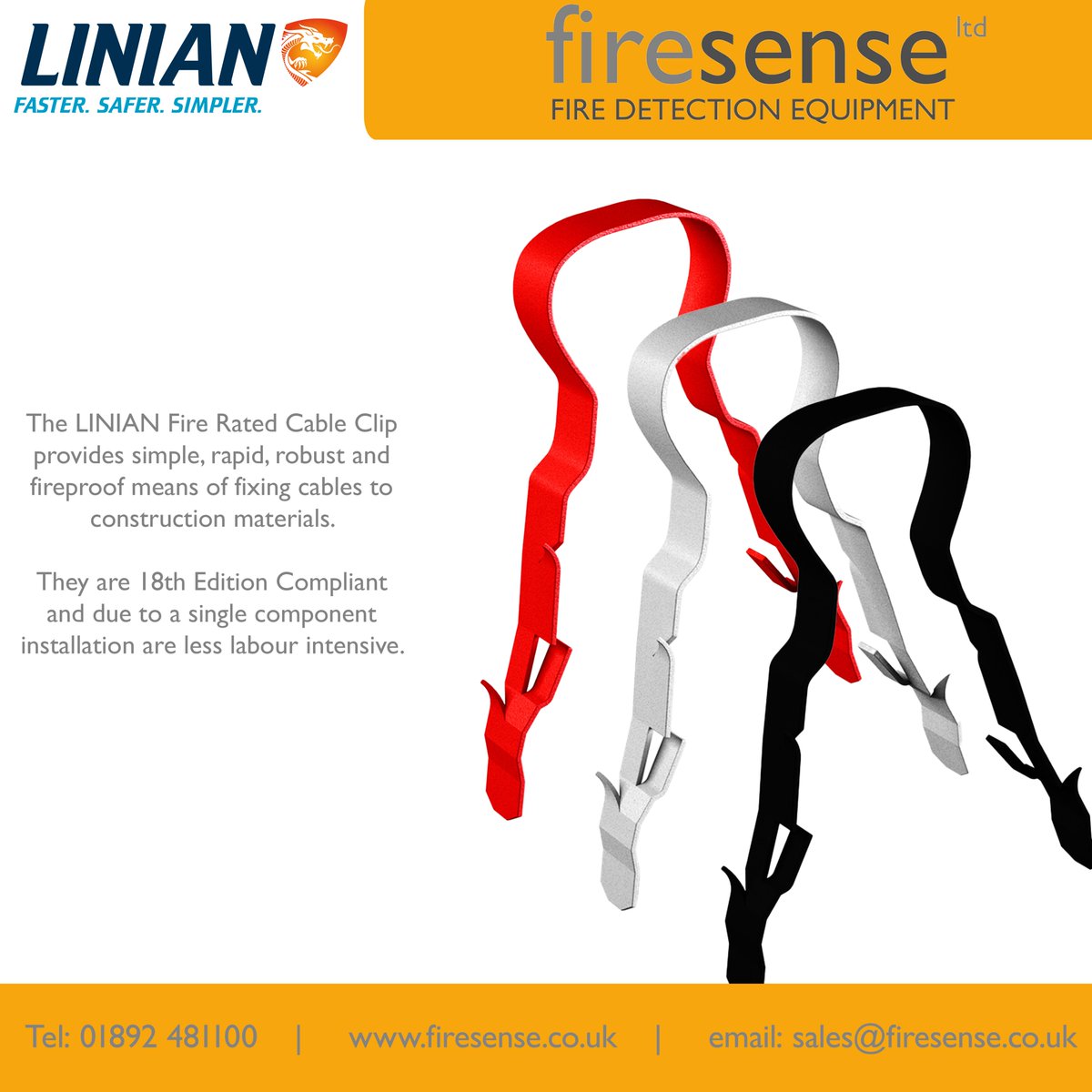 The <a href="/LINIANFireClip/">LINIAN</a> Fire Clip are a fast fixing fire rated cable clip. They are 18th Edition compliant and can help you save time, money and lives.
For more information contact your Account Manager today.
#fire #firerated #fireclip #fireratedclip #linian #linianclip