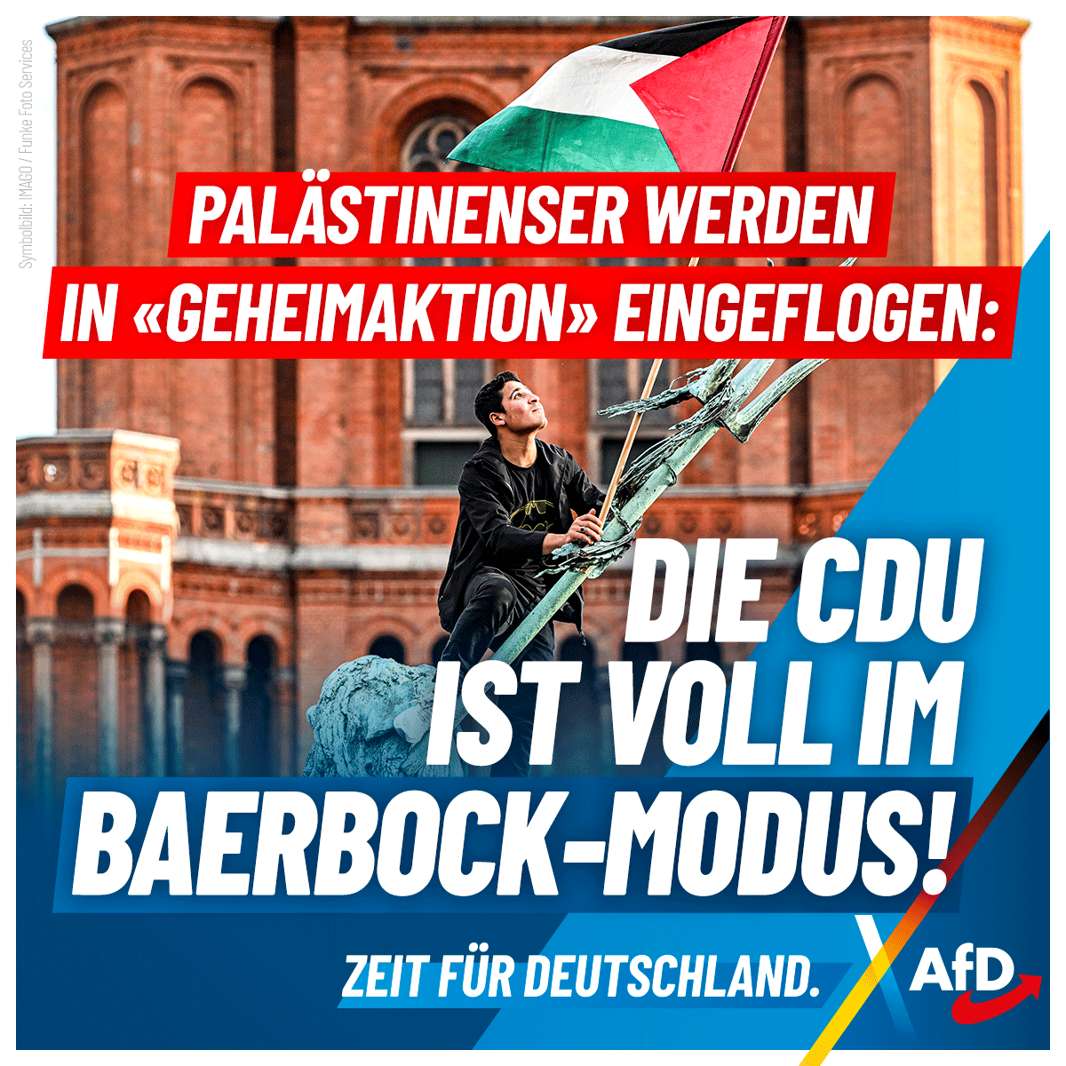 AfD's tweet photo. +++ Palästinenser werden in "Geheimaktion" eingeflogen: Die CDU ist voll im Baerbock-Modus! +++

Es ist, als ob Baerbock noch im Auswärtigen Amt säße: Unter Führung des CDU-Außenministers Wadepuhl fliegt man in einer Geheimaktion „Palästinenser mit deutschem Pass und deren Familien“ nach Deutschland ein. Weder teilt man mit, wie viele Personen genau in unser Land kommen, noch ist bekannt, wie viele davon wirklich einen deutschen Pass haben.

Dabei ignoriert die Union geflissentlich, dass sich der Gaza-Konflikt längst auch auf unsere Straßen verlagert hat. Im CDU-regierten Berlin wurden erst am vergangenen Wochenende 33 Polizisten bei Ausschreitungen verletzt, mehrere davon schwer. Anlass waren „Feierlichkeiten“, da Galatasaray Istanbul in der türkischen Liga den Meistertitel gewann. Spontan versammelten sich 2.500 Anhänger des türkischen Vereins auf verschiedenen Plätzen, darunter eben auch jene gewaltbereite Klientel aus Palästina, die seit Monaten mit antisemitischen Aufmärschen die Schlagzeilen beherrscht. Als die Polizei die nicht angemeldeten Veranstaltungen beenden wollte, eskalierte die Situation.

Nicht nur in der Hauptstadt verlieren die Sicherheitsbehörden langsam, aber sicher die Kontrolle – überall in den Ballungsgebieten Deutschlands werden einst friedliche Straßen und Plätze zum Austragungsort von Konflikten, die ihren Kern im Ausland haben. Das betrifft nicht nur Palästina, sondern beispielsweise auch die traurige Berühmtheit erlangenden „Eritrea-Festivals“, bewaffnete Konflikte zwischen libanesischen oder syrischen Clans und die Tatsache, dass unser Land inzwischen mit fast 80 Messerattacken pro Tag zu kämpfen hat. Dieser bereits überkochenden Sicherheitslage in einer „Geheimaktion“ noch mehr potenzielle Gefahrenherde hinzuzufügen, ist völlig verantwortungslos. Und es zeigt: Mit der CDU geht es genauso weiter wie bisher.