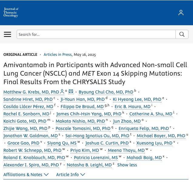 Amivantamab in Participants with Advanced Non-small Cell Lung Cancer (NSCLC) and MET Exon 14 Skipping Mutations: Final Results From the CHRYSALIS Study 

buff.ly/JIAtTJe

Amivantamab, a bispecific EGFR-MET antibody with immune cell-engaging properties, demonstrated
