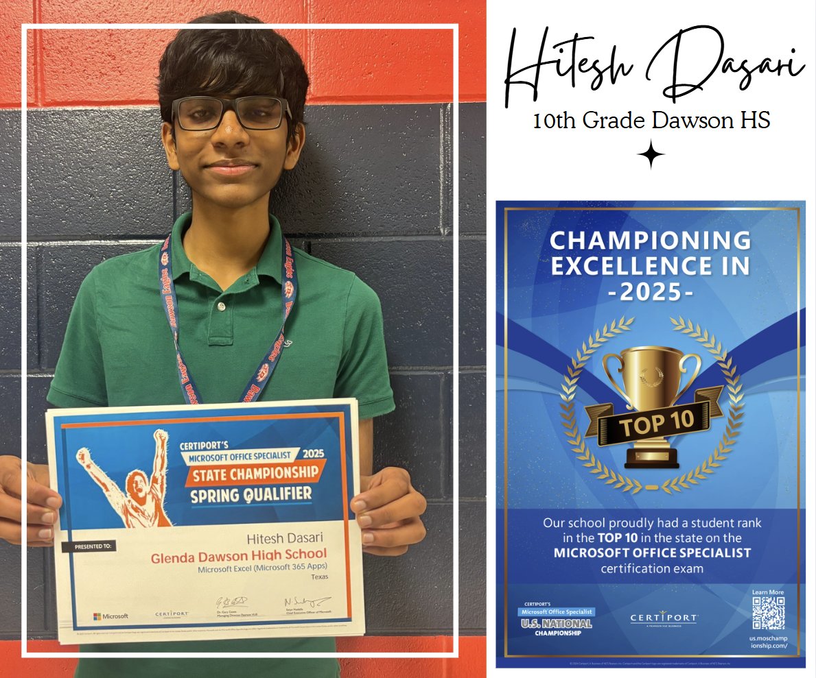 Shoutout to Dawson HS’s Hitesh Dasari for placing Top 10 in TX at the Microsoft Excel Championship Qualifier!🏆 

Also celebrating 129 Pearland ISD students who earned Excel certifications! 💻🎉

Learn more: ow.ly/tFWi50VVOqF

#BuildPearlandProud #TheirFutureYourChoice