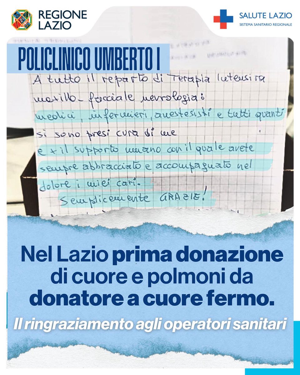 Salute Lazio (@salutelazio) on Twitter photo 🏥 Prima donazione nel Lazio di cuore e polmoni da un donatore a cuore fermo.
L’importante intervento è stato eseguito presso il <a href="/PoliclinicoUmb1/">Policlinico Umberto I</a>
Il ringraziamento più prezioso agli operatori è arrivato dallo stesso donatore attraverso i genitori. Leggi tinyurl.com/bf92fe64 🏥 Prima donazione nel Lazio di cuore e polmoni da un donatore a cuore fermo.
L’importante intervento è stato eseguito presso il <a href="/PoliclinicoUmb1/">Policlinico Umberto I</a>
Il ringraziamento più prezioso agli operatori è arrivato dallo stesso donatore attraverso i genitori. Leggi tinyurl.com/bf92fe64