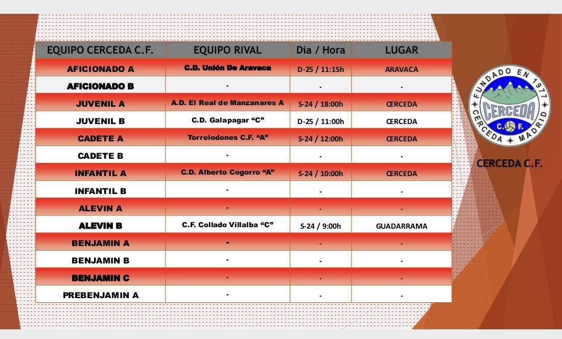 Horarios Partidos || Cerceda C.F.

Aqui os dejamos los horarios de los partidos que se jugaran el fin de semana (24/25 de Mayo). 

Ven a Animarnos! 👏

Vamooos Cerceda C.F. ⚪🔴