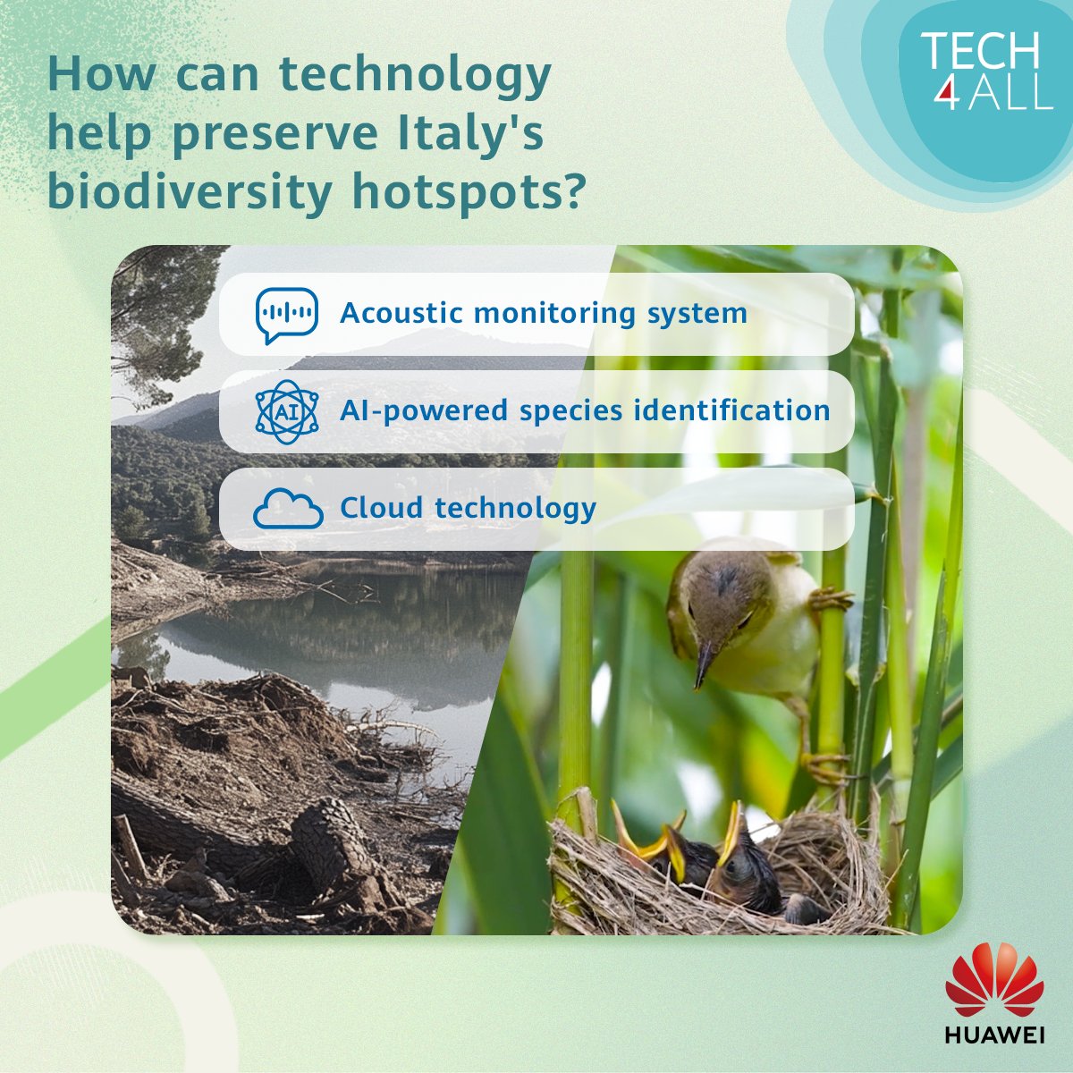 TECH4ALL (@huawei_tech4all) on Twitter photo In Italy, activities like illegal logging and poaching threaten biodiversity ecosystems. 🐦
Learn how acoustic monitoring, cloud & #AI can protect biodiversity 🔗 bit.ly/44zYTiC
#TECH4ALL #AIForAll In Italy, activities like illegal logging and poaching threaten biodiversity ecosystems. 🐦
Learn how acoustic monitoring, cloud & #AI can protect biodiversity 🔗 bit.ly/44zYTiC
#TECH4ALL #AIForAll