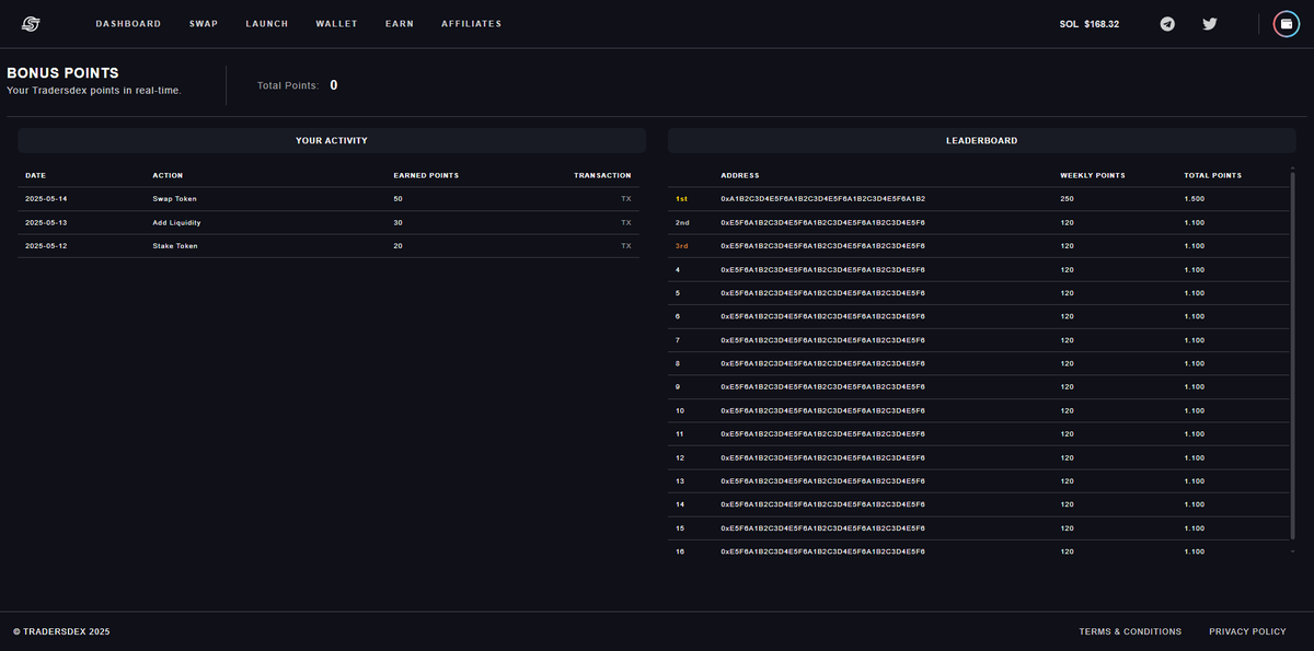 From every swap to each interaction on Tradersdex, you’ll start earning points redeemable for exclusive rewards and bonus multipliers. 

Track your progress, climb the tiers, and boost your DeFi earnings like never before.

Stay tuned for the official launch details!
Tradersdex