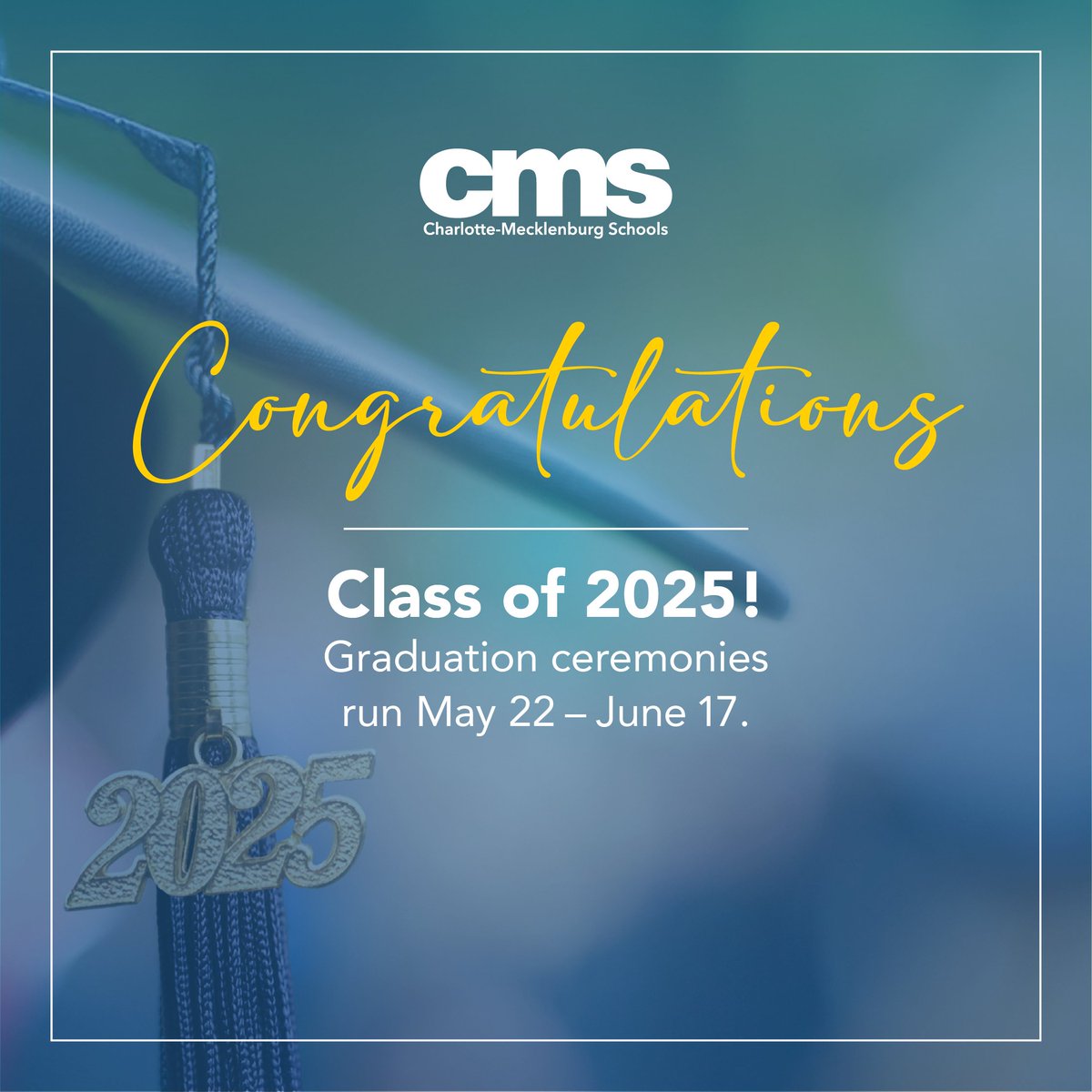 🎓 Get ready to celebrate! 🎉 

Graduation season is upon us, and we can't wait to honor the incredible achievements of our graduating class!

Full graduation schedule and live stream links: cmsk12.org/Page/9389

#CMSClassOf2025 #Graduation #CMSGraduates #WhatsYourE
