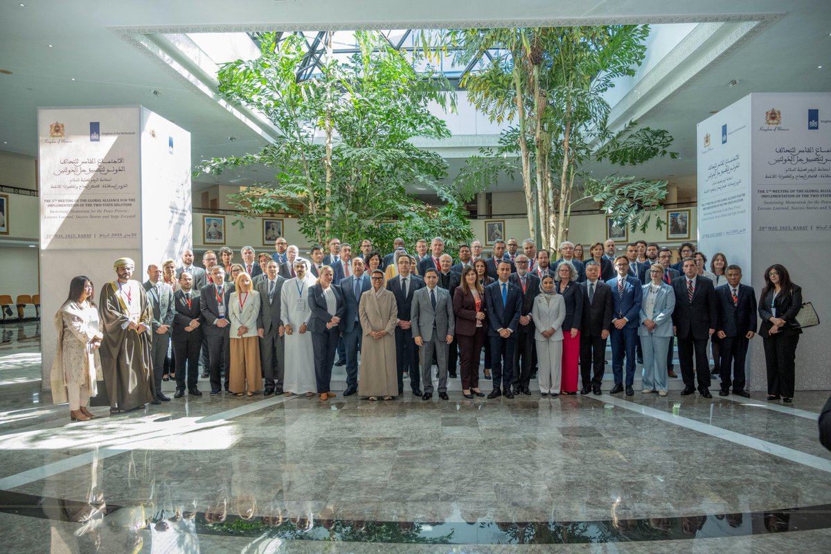 KMedrek's tweet photo. With more than 50 delegations, the 5th meeting of the Global Alliance for the Implementation of the Two-State Solution, in partnership 🇲🇦 - 🇳🇱 opened in #Rabat under the theme: "Maintaining the momentum of the #peace_process: lessons learned, successes & perspectives". #Morocco https://t.co/DwmgUBPvmc