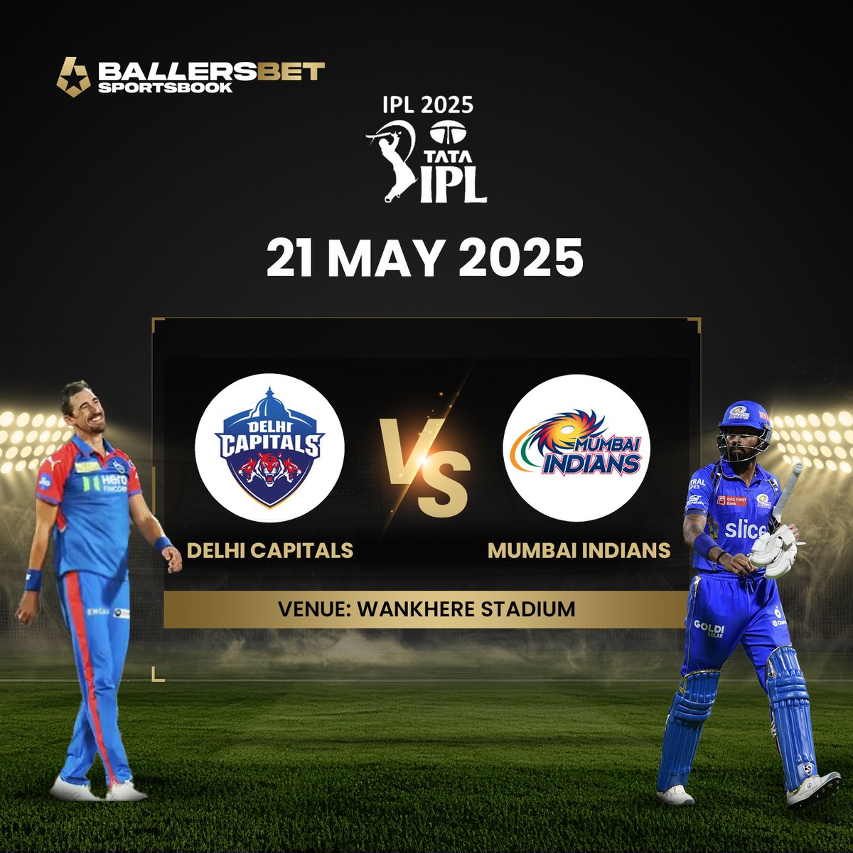 ballersbetsport's tweet photo. Mumbai Indians face Delhi Capitals tonight at the Wankhede Stadium 🏏💥

#IPL2025 #MumbaiIndians #DelhiCapitals #MIvsDC #WankhedeStadium #T20 #SportsBook https://t.co/zyNG3grqGL