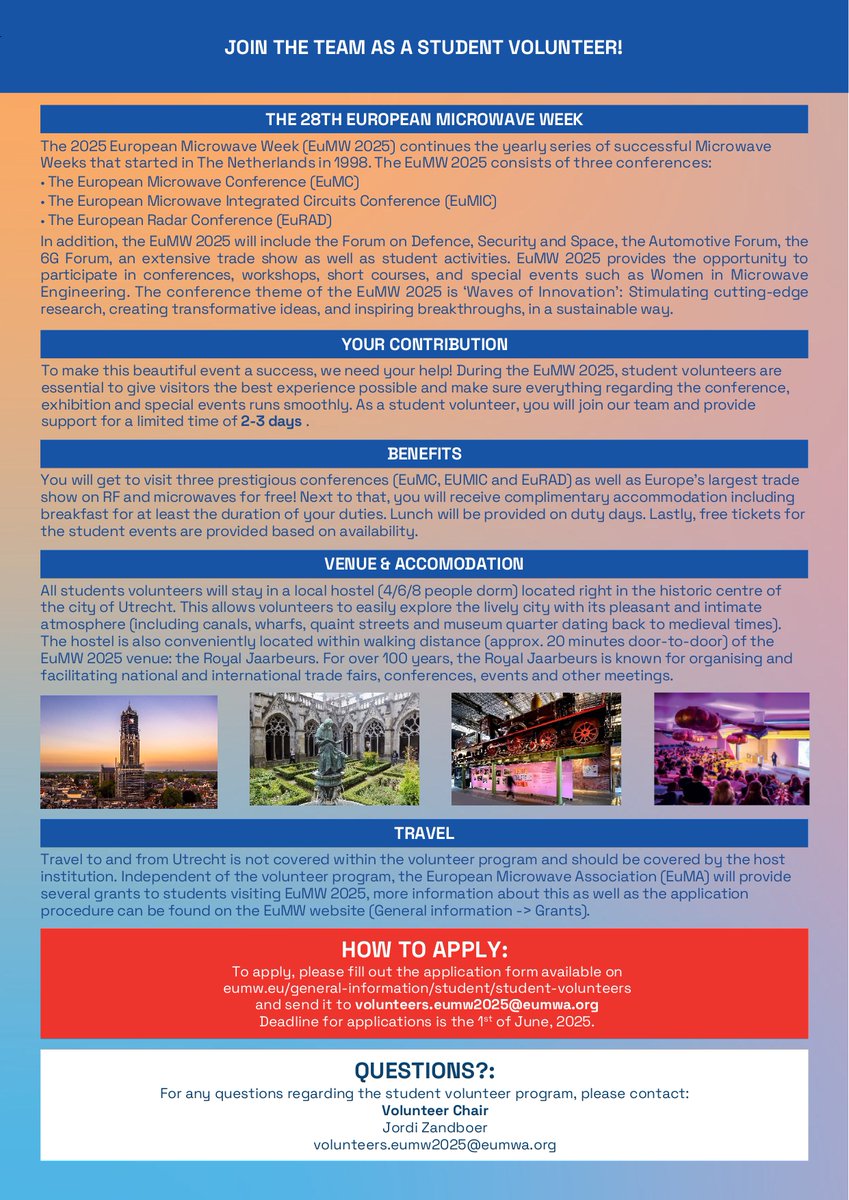 European Microwave Week (EuMW) (@eumweek) on Twitter photo ๐จ ๐ฆ๐๐๐ฑ๐ฒ๐ป๐ ๐ฉ๐ผ๐น๐๐ป๐๐ฒ๐ฒ๐ฟ - ๐ญ ๐ช๐ฒ๐ฒ๐ธ ๐๐ฒ๐ณ๐ ๐๐ผ ๐๐ฝ๐ฝ๐น๐! ๐จ
Are you ready to join the team behind #๐๐๐ ๐ช๐ฎ๐ฌ๐ฎ๐ฑ in Utrecht?
This is your last chance to become a ๐ฆ๐๐๐ฑ๐ฒ๐ป๐ ๐ฉ๐ผ๐น๐๐ป๐๐ฒ๐ฒ๐ฟ and gain access to Europeโs largest microwave event! ๐จ ๐ฆ๐๐๐ฑ๐ฒ๐ป๐ ๐ฉ๐ผ๐น๐๐ป๐๐ฒ๐ฒ๐ฟ - ๐ญ ๐ช๐ฒ๐ฒ๐ธ ๐๐ฒ๐ณ๐ ๐๐ผ ๐๐ฝ๐ฝ๐น๐! ๐จ
Are you ready to join the team behind #๐๐๐ ๐ช๐ฎ๐ฌ๐ฎ๐ฑ in Utrecht?
This is your last chance to become a ๐ฆ๐๐๐ฑ๐ฒ๐ป๐ ๐ฉ๐ผ๐น๐๐ป๐๐ฒ๐ฒ๐ฟ and gain access to Europeโs largest microwave event!