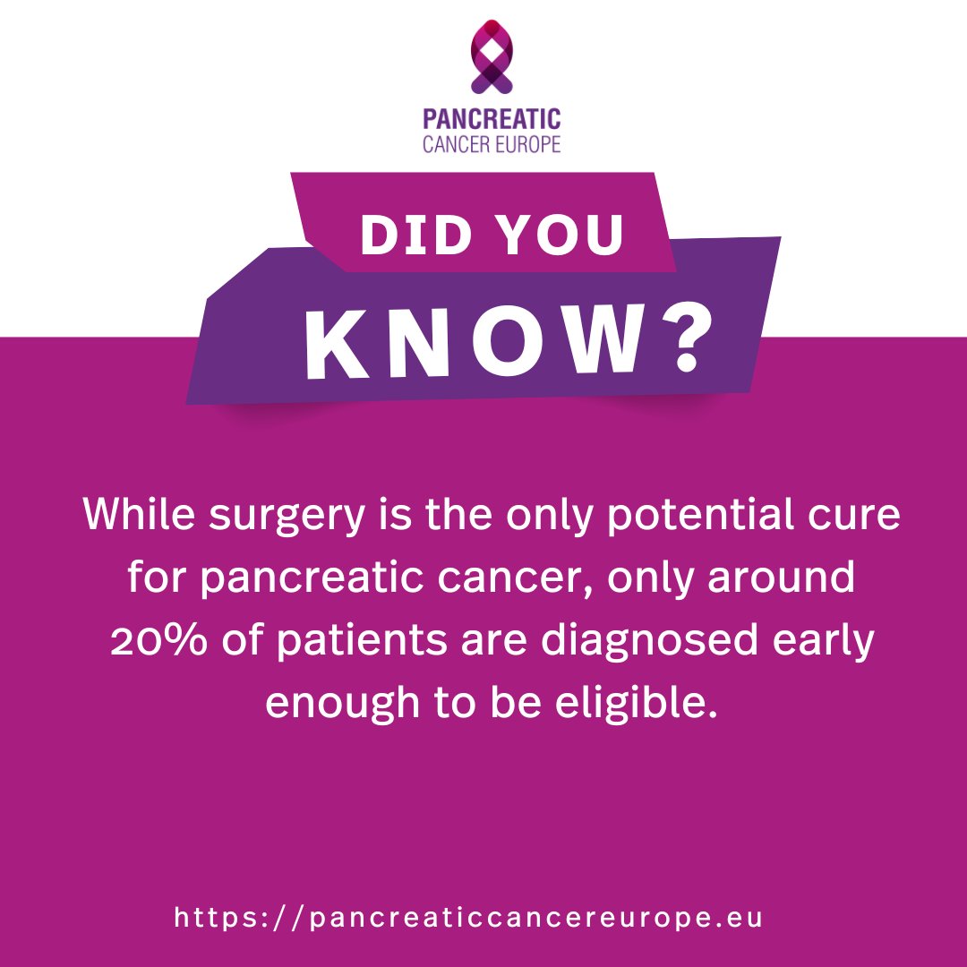🟣 Did you know?

While surgery is the only potential cure for pancreatic cancer, only around 20% of patients are diagnosed early enough to be eligible.

👉 Learn more: pancreaticcancereurope.eu

#PancreaticCancer #EarlyDiagnosis #HealthcareInequities