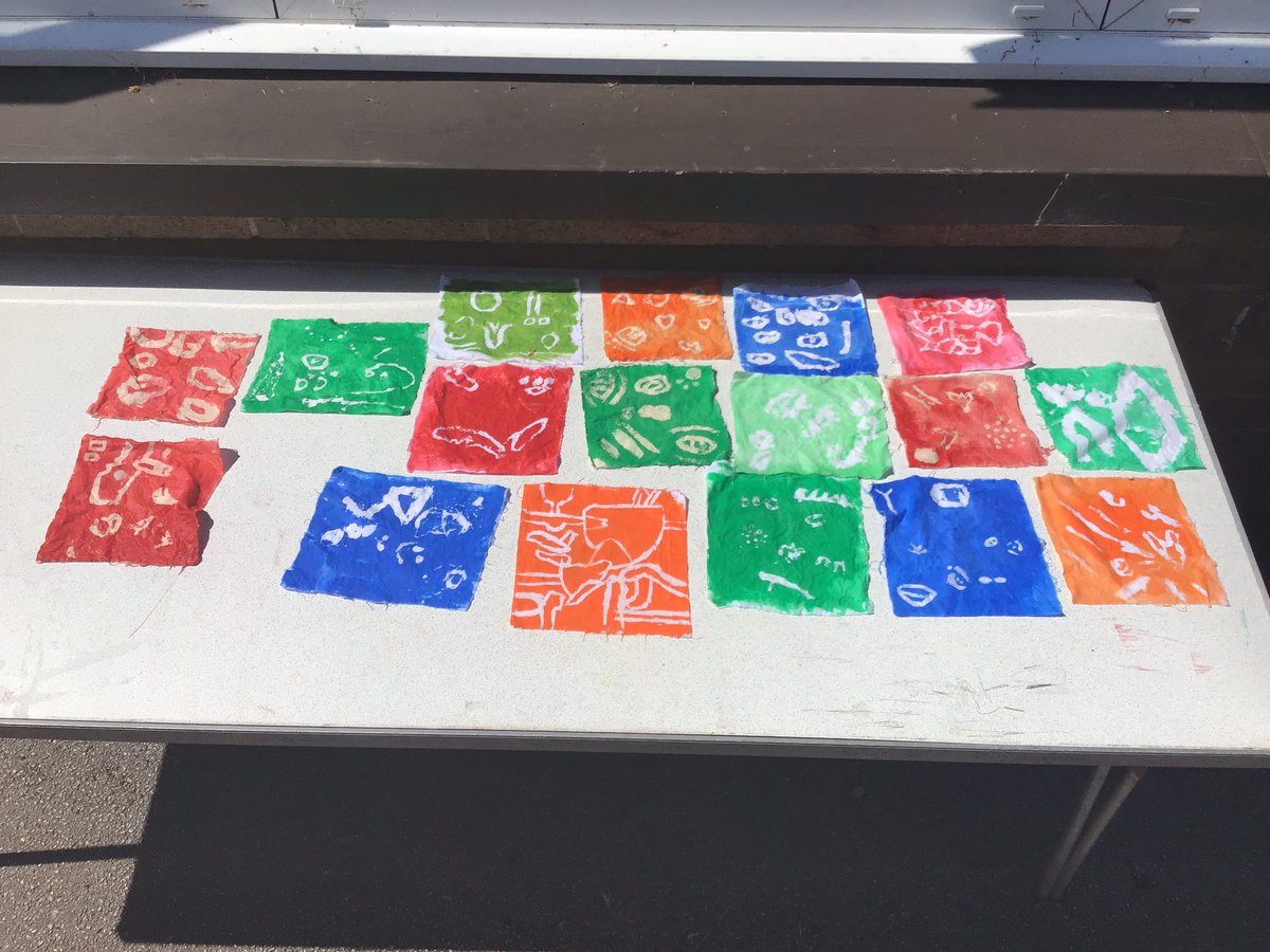 We’ve also been finishing our batik artwork today. We used fabric, glue and acrylic paint to create patterns. We made our patterns with glue, waited for them to dry, painted over them and then once dry rinsed the glue off. <a href="/GaytonPrimary/">Gayton Primary</a>