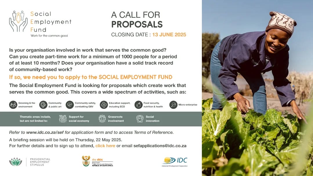 NYDARSA's tweet photo. Are you looking for funding to run impactful community initiatives?

Applications for the Social Employment Fund (SEF) are now open!

Managed by the Industrial Development Corporation (IDC), this fund takes a collaborative approach to tackling unemployment by empowering social and civic organisations to drive meaningful change.

Apply now: https://t.co/wUtsTwxM8x. 

#IDCFunding #SocialEmploymentFund #WorkForCommonGood #Community #Empowerment  #WeDoMoreWednesdays #SouthAfrica #SouthAfricans #Mzansi