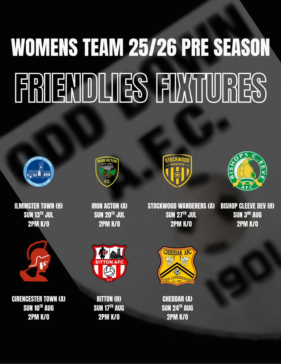 Odd Down (BATH) AFC (@odd_downafc) on Twitter photo Here’s a quick preview of our Women’s team 25/26 pre season friendlies against some fantastic opponents.
We look forward to welcoming <a href="/ITLFC/">Ilminster Ladies FC</a> , <a href="/cleeveladies_fc/">Bishops Cleeve Ladies FC</a> Dev and <a href="/Bitton_Ladies/">Bitton Ladies AFC</a> to the Lew Hill Memorial Ground.
<a href="/swsportsnews/">South West Sports News</a> <a href="/bsoccerworld/">Bristol Soccerworld</a> <a href="/somersetcfl/">Somerset County FL</a> <a href="/OddDownWomen1st/">Odd Down (Bath) Womens 1st team</a> Here’s a quick preview of our Women’s team 25/26 pre season friendlies against some fantastic opponents.
We look forward to welcoming <a href="/ITLFC/">Ilminster Ladies FC</a> , <a href="/cleeveladies_fc/">Bishops Cleeve Ladies FC</a> Dev and <a href="/Bitton_Ladies/">Bitton Ladies AFC</a> to the Lew Hill Memorial Ground.
<a href="/swsportsnews/">South West Sports News</a> <a href="/bsoccerworld/">Bristol Soccerworld</a> <a href="/somersetcfl/">Somerset County FL</a> <a href="/OddDownWomen1st/">Odd Down (Bath) Womens 1st team</a>