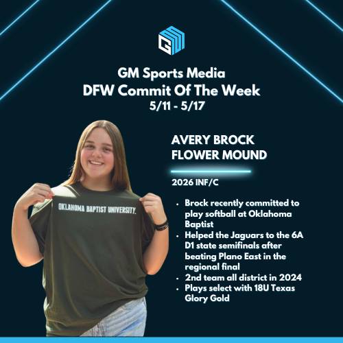 GM Sports Media
DFW Commit Of The Week
5/11 - 5/17

AVERY BROCK | FLOWER MOUND

⭐️Brock recently committed to play softball at Oklahoma Baptist
⭐️Helped the Jaguars to the 6A D1 state semifinals after beating Plano East in the regional final
⭐️2nd team all district in 2024