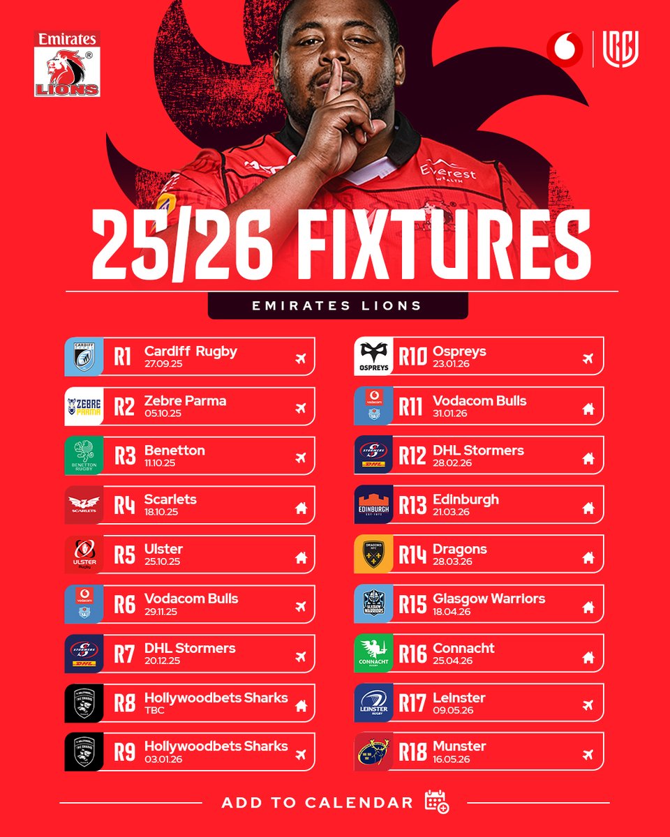 Mark your calendars – the <a href="/URCOfficial_RSA/">Vodacom United Rugby Championship (URC)</a>  2025/26 fixtures are locked in!
Don’t miss a moment - sync the full Emirates Lions fixture list now:

👉 ql.e-c.al/URCFixtures

#ForOurCity
<a href="/Vodacom/">Vodacom</a> #URC
#LionsPride🦁