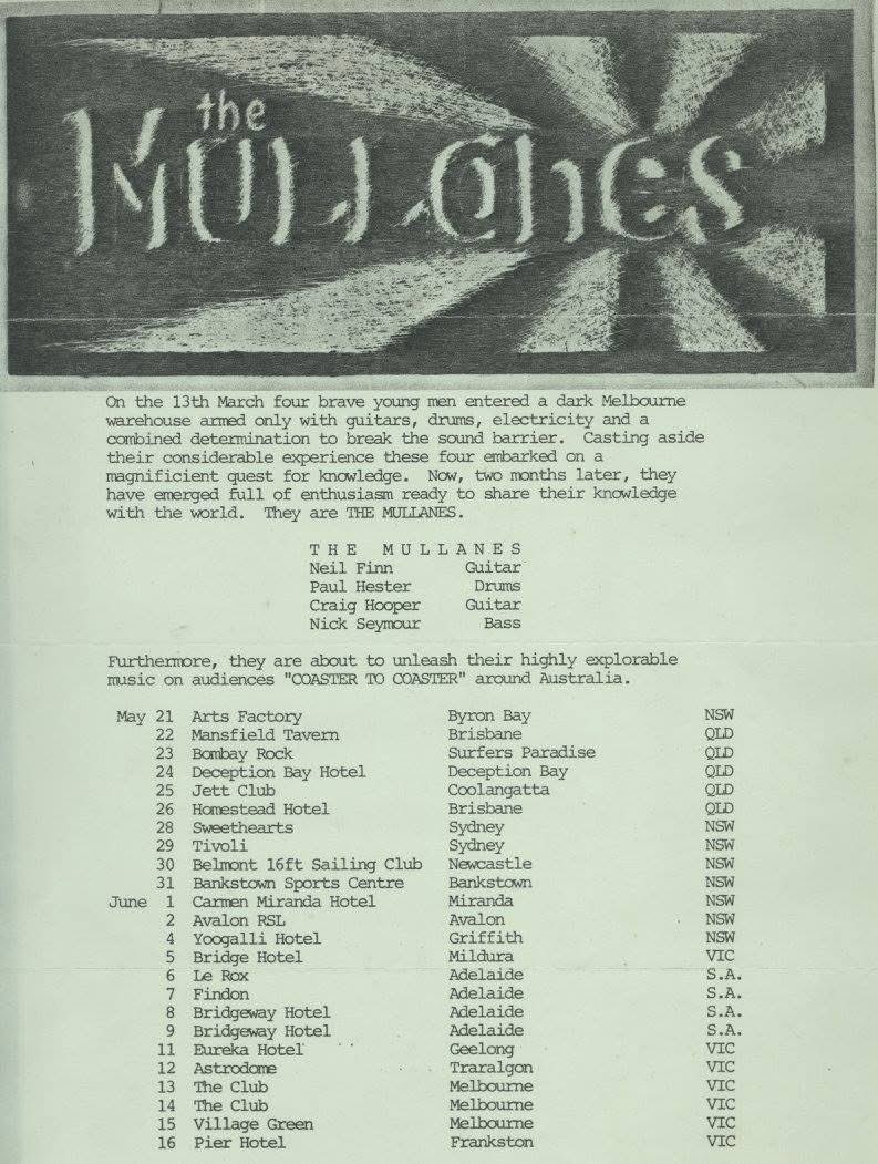 It was 40 years ago today that Neil Finn, Paul Hester, Nick Seymour, and Craig Hooper kicked off their tour as The Mullanes in New South Wales, Australia. This was the exciting and brief period between the end of Split Enz and birth of Crowded House.