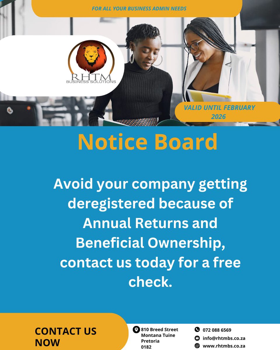 Rhtmbs's tweet image. Avoid your company getting deregistered because of Annual Returns and
Beneficial Ownership, contact us today for a free check.

📞: 0720886569 or 0659596238(available on WhatsApp)
📧: info@rhtmbs.co.za
🌍: rhtmbs.co.za
📍: 810 Breed Street, Montana Tuine, Pretoria