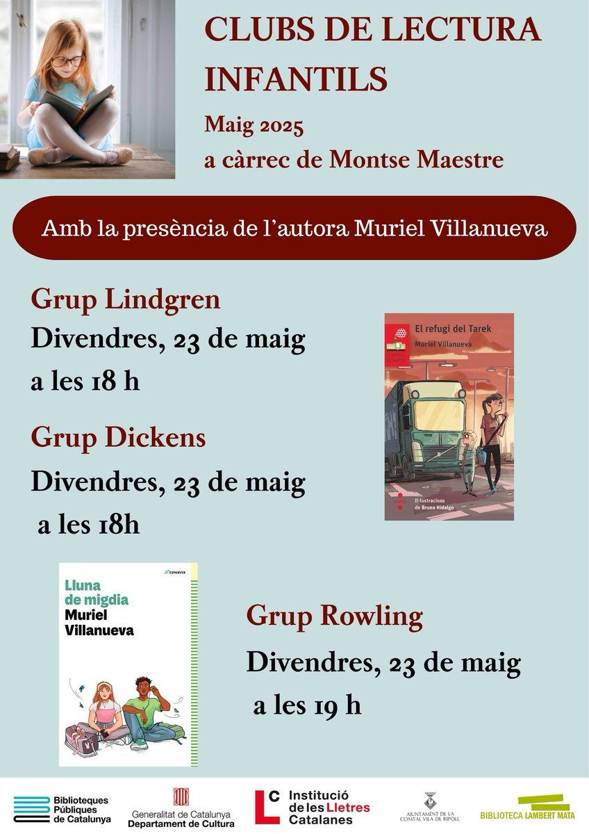📖 Aquest divendres 23 de maig, als clubs de lectura infantils de la Biblioteca Lambert Mata de #Ripoll, rebran la visita de l'autora Muriel Villanueva: