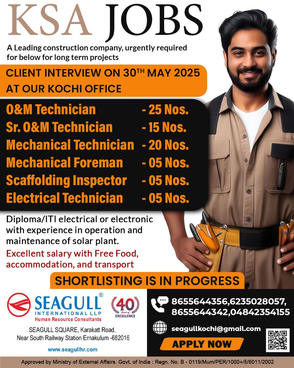 hrd1_seagull's tweet photo. 🇸🇦KSA Job

Client Interview 30th May

📍Location - Kochi

.

.

.

#ksajobs #oandmtechnician #sroandmtechnician #longtermprojects https://t.co/XgQfCW7o37
