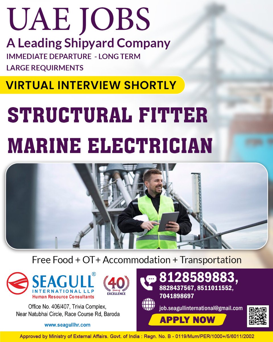 hrd1_seagull's tweet photo. 🇦🇪UAE Jobs
💻Virtual Interview Shortly
📍Location - Baroda
.
.
.
#uaejobs #seagull #structuralfitter #marineelectrician #longterm https://t.co/WWUQBPtdsa
