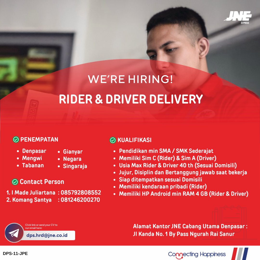 JNE Cabang Utama Denpasar membuka kesempatan berkarir untuk #TemanJNE yang ingin bergabung bersama JNE di posisi Rider &amp; Driver Delivery.

Yuk kirimkan lamaranmu ke email &amp; kontak yang tertera🤗

#JNE #ConnectingHappiness #JNE34Tahun #JNE34SatSet #LokerBali #LowonganKerja
