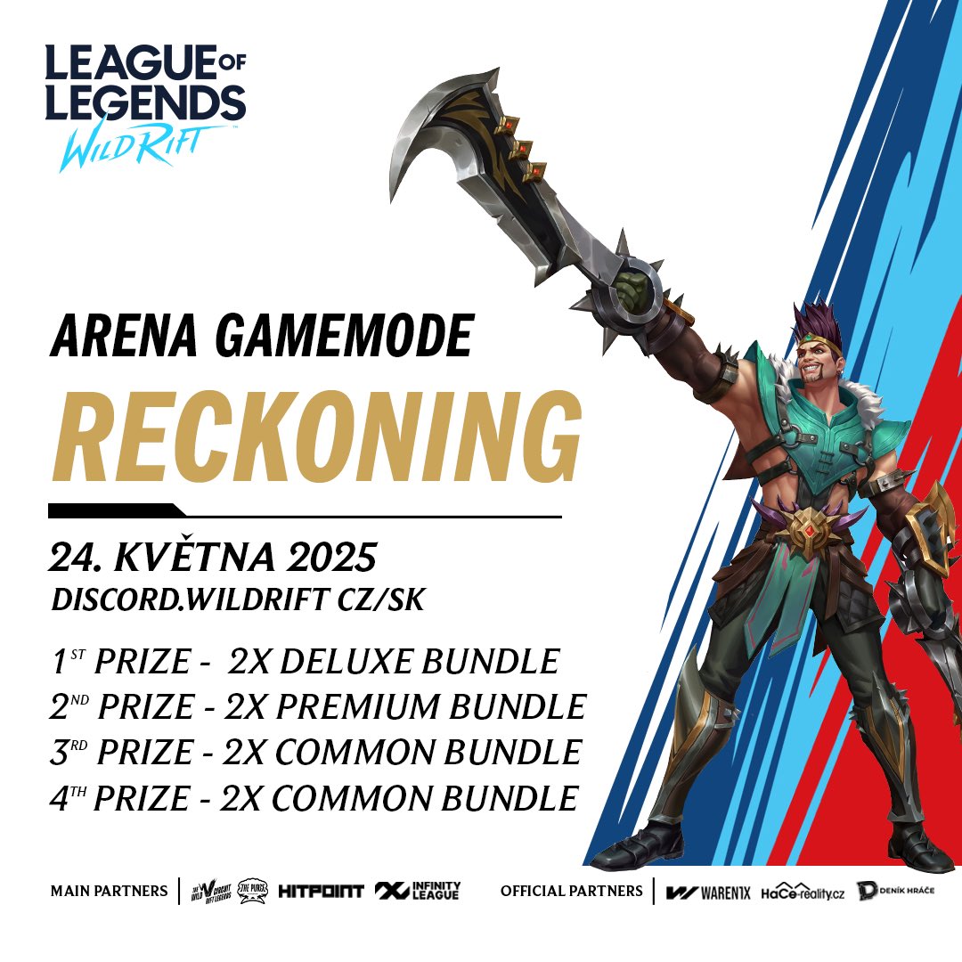 ⚔️Arena Reckoning přichází! 
Připravte se na nelítostné souboje ve Wild Riftu –24. května 2025 pořádáme další turnaj!

🔥Máš odvahu postavit se ostatním?
Přihlas se a ukaž, co v tobě je! 

🗓️Datum: 24. 5. 2025
📌Info &amp; registrace: Discord

#WildRift #CZSKWildRift #ArenaReckoning