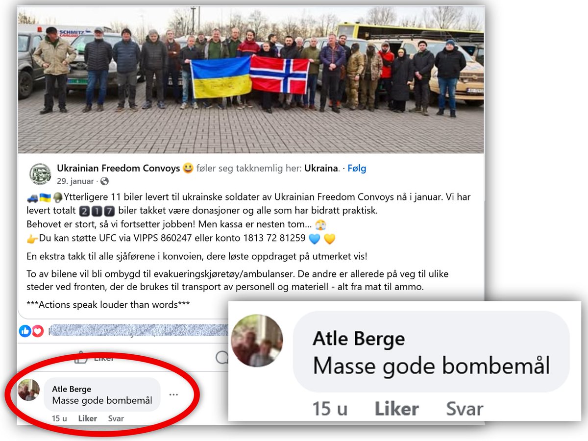 bjornberger's tweet image. Ukrainian Freedom Convoys er en av mange frivillige organisasjoner i  Norge som samler inn penger og kjører ned biler til Ukraina. Kommentaren  fra Atle Berge - partiet FORs rike onkel: «Masse gode bombemål». Så mye  for Fred og Rettferdighet, altså.