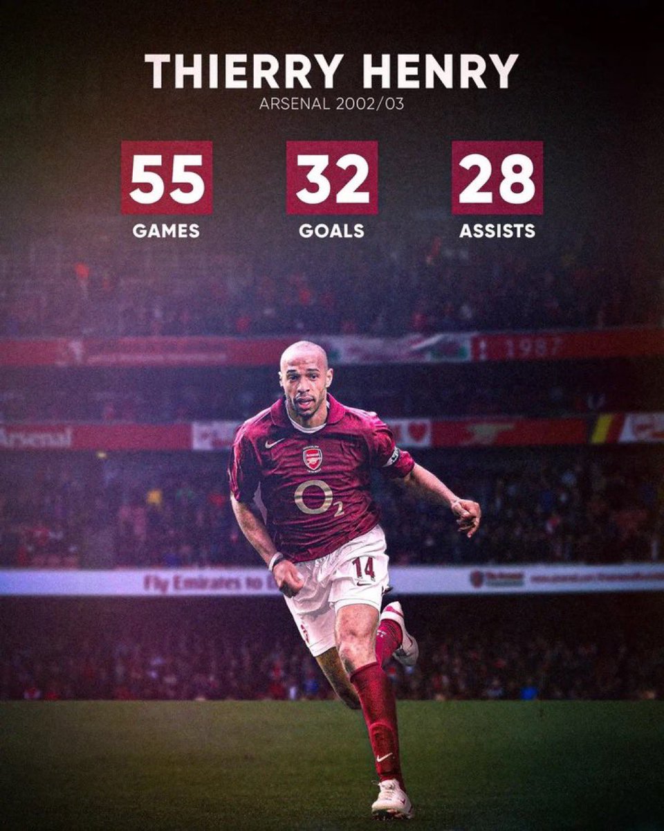 Thierry Henry in the 2002/03 season:

 🏟️ 55 Games
 ⚽️ 32 Goals
 🎯 28 Assists

The best player in Premier League history 👑