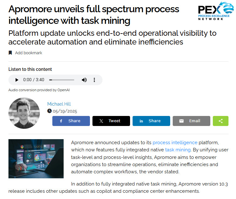 exyge_com's tweet photo. 🔍 Our partner Apromore is featured by PEX Network for leading-edge process &amp; task mining tech!

📖 Read it : https://t.co/3aibeqpl3J
💡 Part of EXYGE's ecosystem since 2021, Apromore helps data-mature orgs unlock real process intelligence.
#ProcessMining #WeHelpYouWorkBetter https://t.co/Jz1S1TtLug