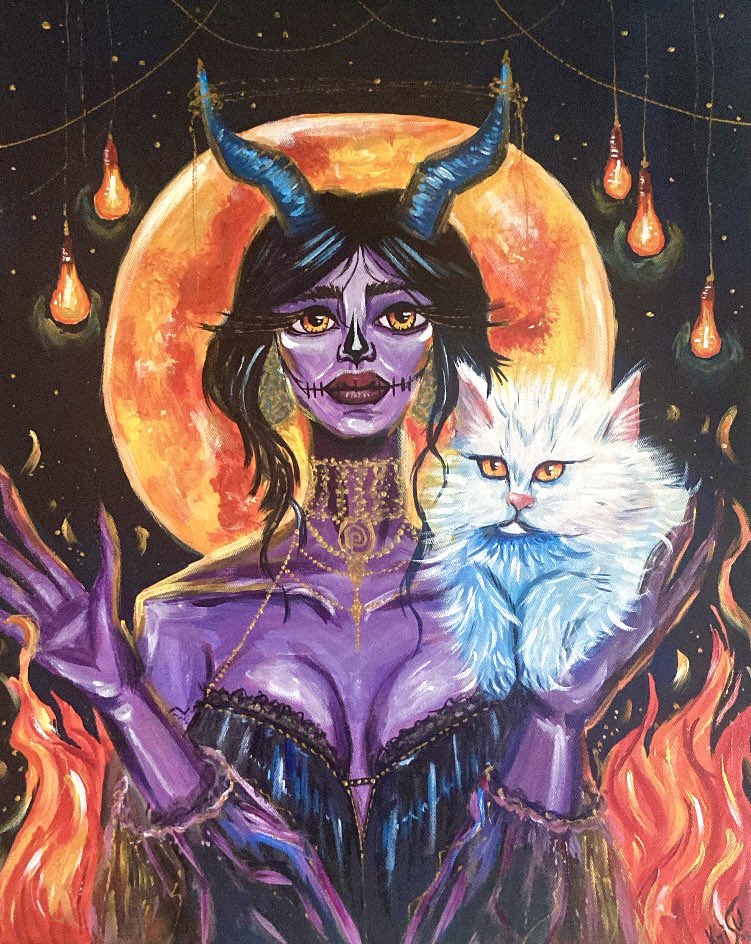AstraKris's tweet photo. My physical picture 🖼️ 🌙
For the #BeyondImaginarium contest.

Guarding against darkness 💜
1/1

Material: Canvas, acrylic, gold, outline. 
Size: 40*50 is my biggest size 🤗
It took 10 days to create. 🔥🎨🖌️

Video process in the comments 💜🖼️

#skurpy @SkurpySocial #kristiart https://t.co/kZzVWMlo41