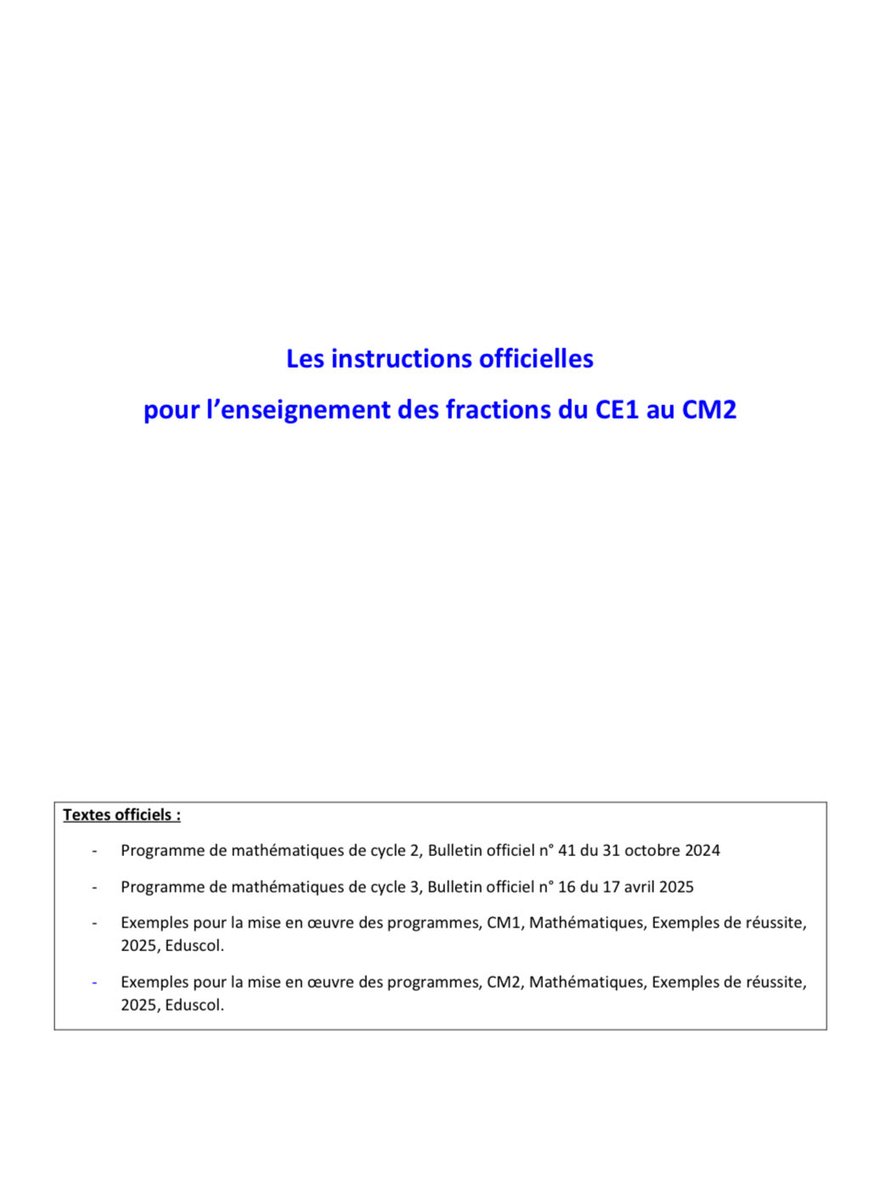 Pour accompagner les enseignants dans la mise en œuvre des programmes de cycle 3, trois documents pédagogiques : 
•➕ Le calcul mental
•🍰 Les fractions
•🧩 La résolution de problèmes

eduscol.education.fr/251/mathematiq…