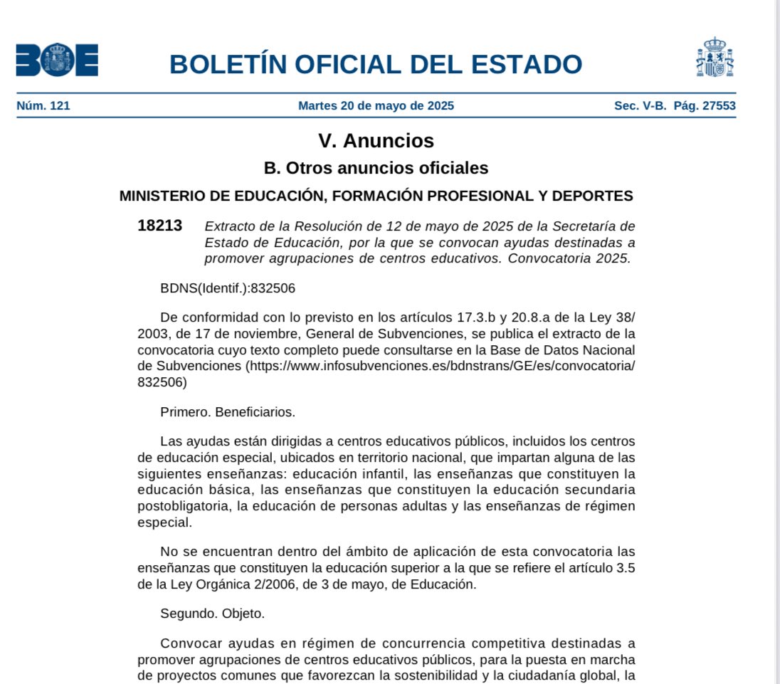 BOE. Se convocan ayudas destinadas a
promover #agrupacionesdecentros educativos durante 2 años.
Convocatoria 2025.
Ayudas de hasta 10.800€

infosubvenciones.es/bdnstrans/GE/e…