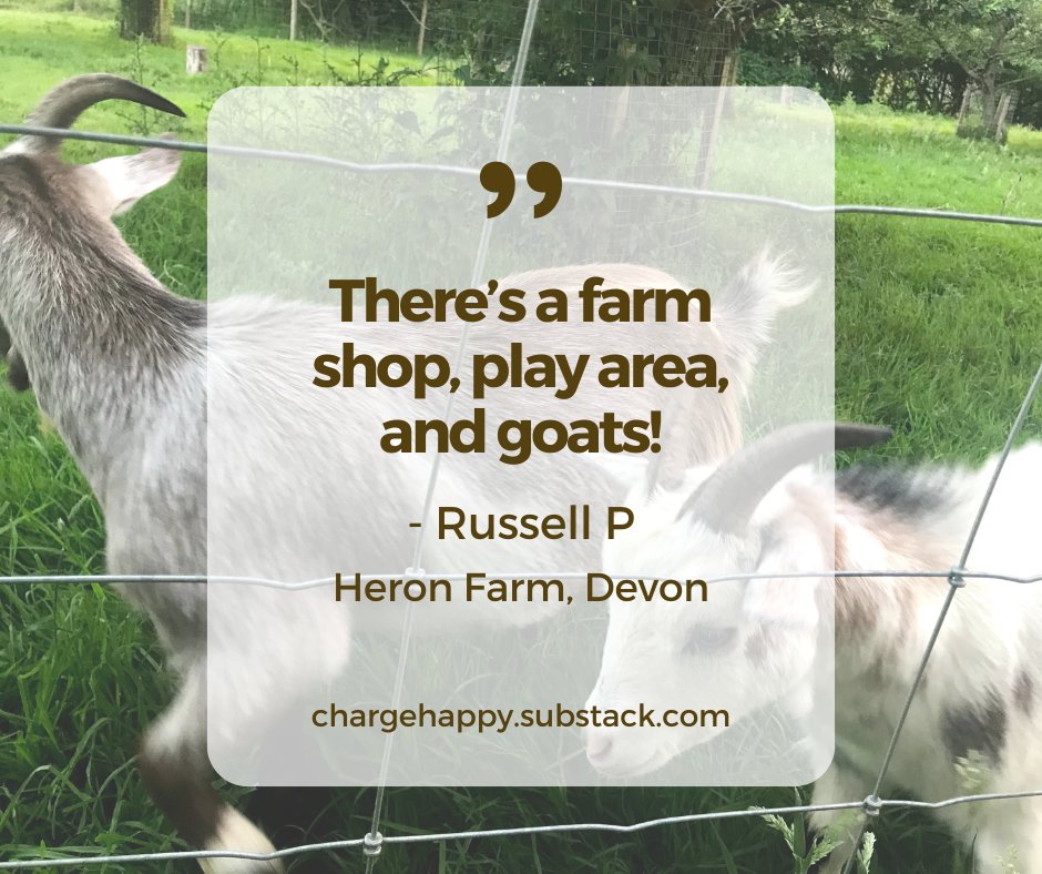 Thank you to Russell P for sharing the joy of Heron Farm in Devon.

There's two <a href="/InstaVoltUK/">InstaVolt</a> chargers, a farm, shop, play area, and most importantly, GOATS! 

Read more here: open.substack.com/pub/chargehapp…