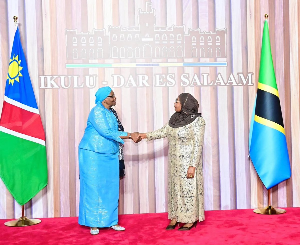 matokeochanya's tweet photo. Rais Mhe. Dkt. Samia Suluhu Hassan amkaribisha Rais wa Jamhuri ya Namibia Mhe. Netumbo Nandi-Ndaitwah, Ikulu Jijini Dar es Salaam. https://t.co/KiZQVkIjqB