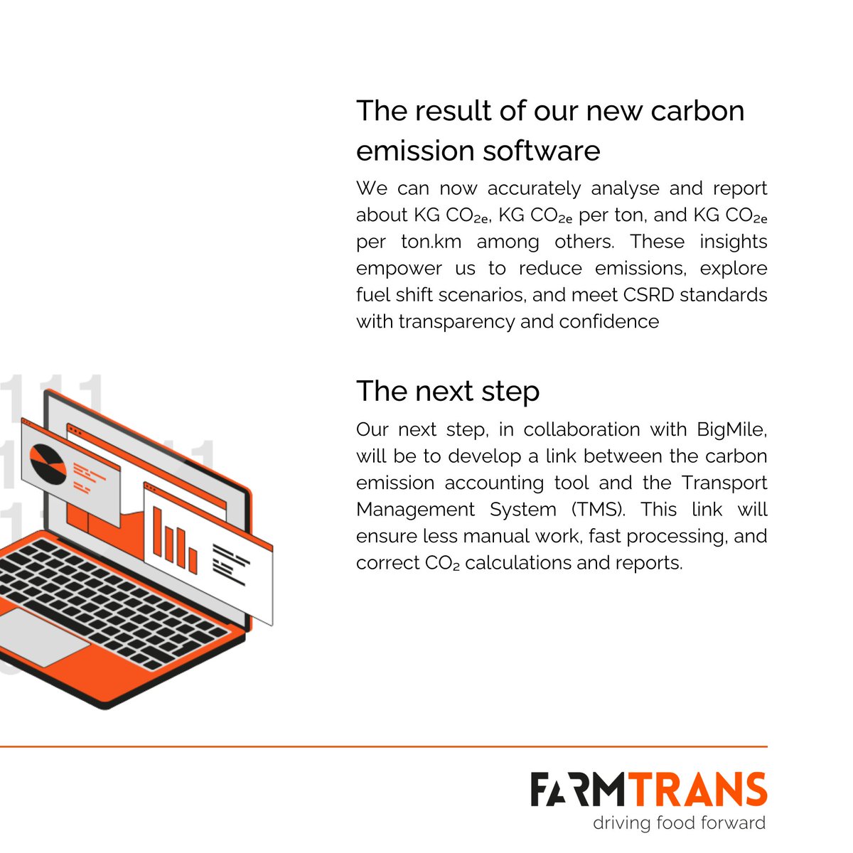 FarmTrans's tweet photo. It is important to have insight into CO2 emissions and to measure our carbon footprint to be transparent and gain insights. That's why our Sustainability Manager has implemented the carbon accounting platform BigMile. Read the article on BigMile's website: https://t.co/iX5flEwhTw https://t.co/u1p6i1MaK6