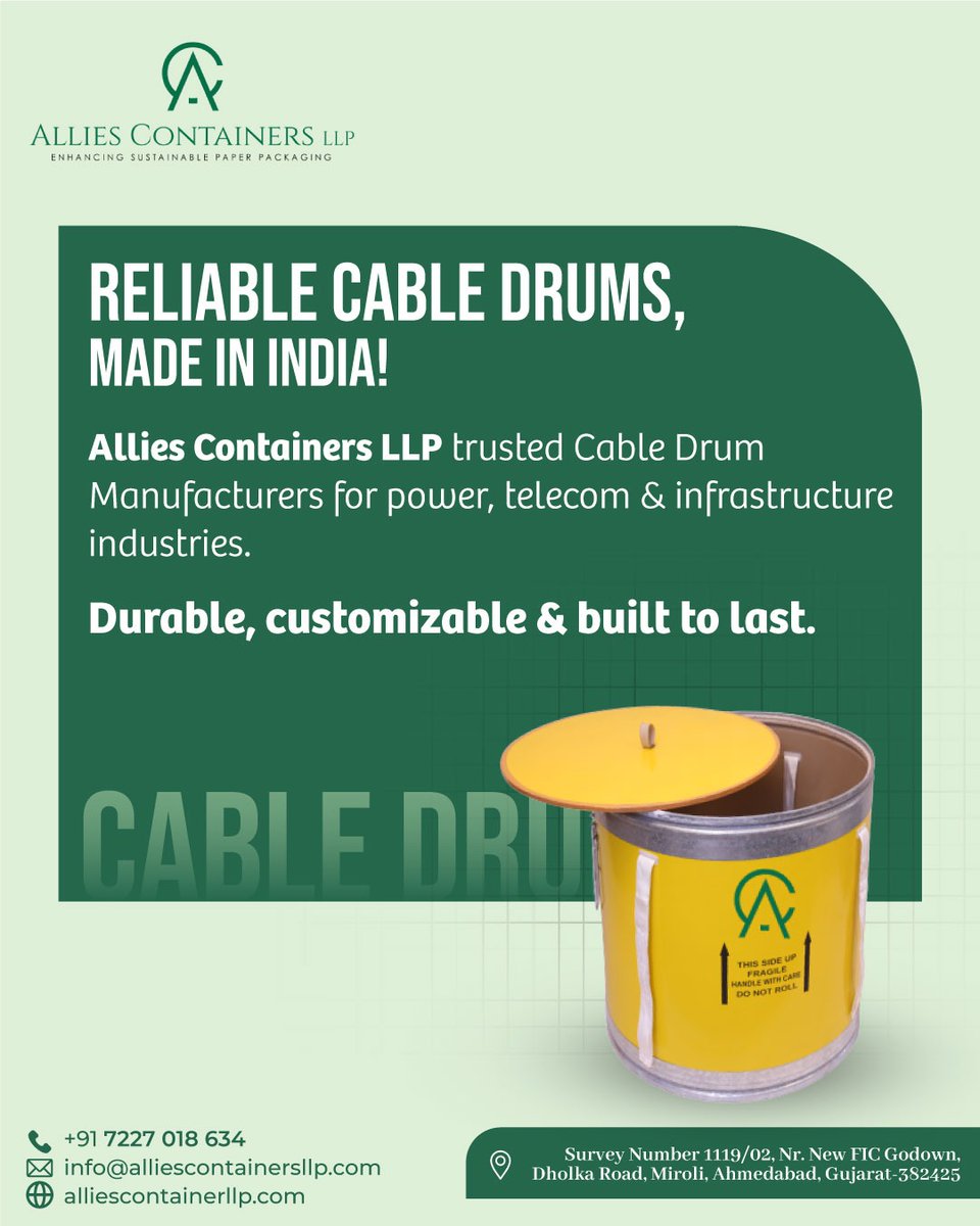 AlliesLlp's tweet photo. Reliable Cable Drums, Made in India! 🔌🛢️
Allies Containers LLP – trusted Cable Drum Manufacturers for power, telecom &amp; infrastructure industries.
Durable, customizable &amp; built to last.

🌐 https://t.co/kjnbqVIDgG | 📞 7227 018 634

#CableDrumManufacturers #AlliesContainersLLP https://t.co/h9mYYfEFVn