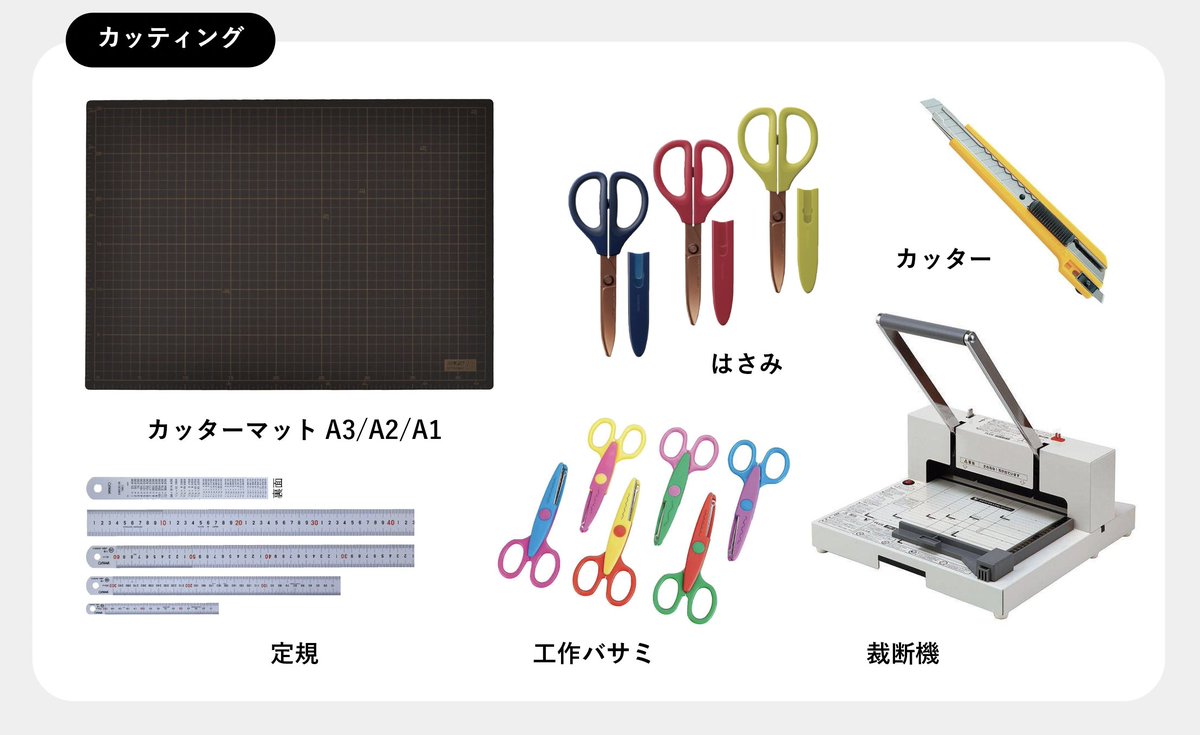【イラ研 機材紹介⑤】カッティンググッズ

大きなポスターをカットしたり、一度にたくさん裁断したり、
イラ研にはカッティング用の道具も揃ってます！📃✂️
🪚

イラ研では大きなカッターマットが使える📏📝
広い作業場所もありますよ〜🙋‍♂️お気軽にどうぞ！

#イラ研できることリスト
#イラ研だより