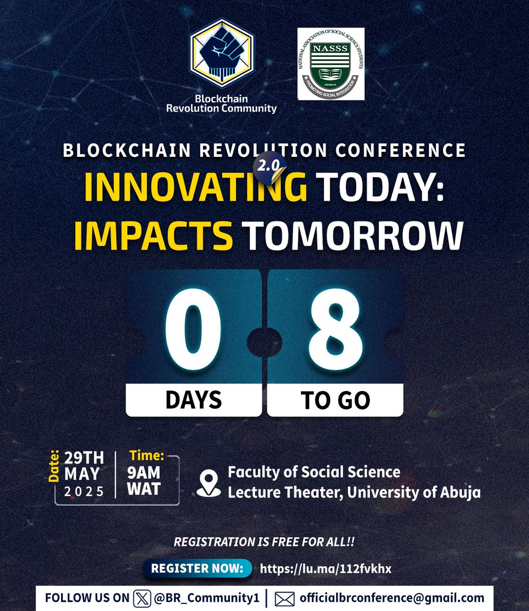Blockchain Revolution Community (@br_community1) on Twitter photo 8 DAYS LEFT until minds collide๐ฎ and innovation unfolds!๐จ๐ปโ๐ป
#BRC2.0 is happening on May 29 at UniAbuja, and you donโt want to miss it.
Donโt just scrollโshow up and be part of this revolution.
Free Registration: lu.ma/112fvkhx
#BRC'25 #Blockchain #8daystogo #BRC2.0 8 DAYS LEFT until minds collide๐ฎ and innovation unfolds!๐จ๐ปโ๐ป
#BRC2.0 is happening on May 29 at UniAbuja, and you donโt want to miss it.
Donโt just scrollโshow up and be part of this revolution.
Free Registration: lu.ma/112fvkhx
#BRC'25 #Blockchain #8daystogo #BRC2.0