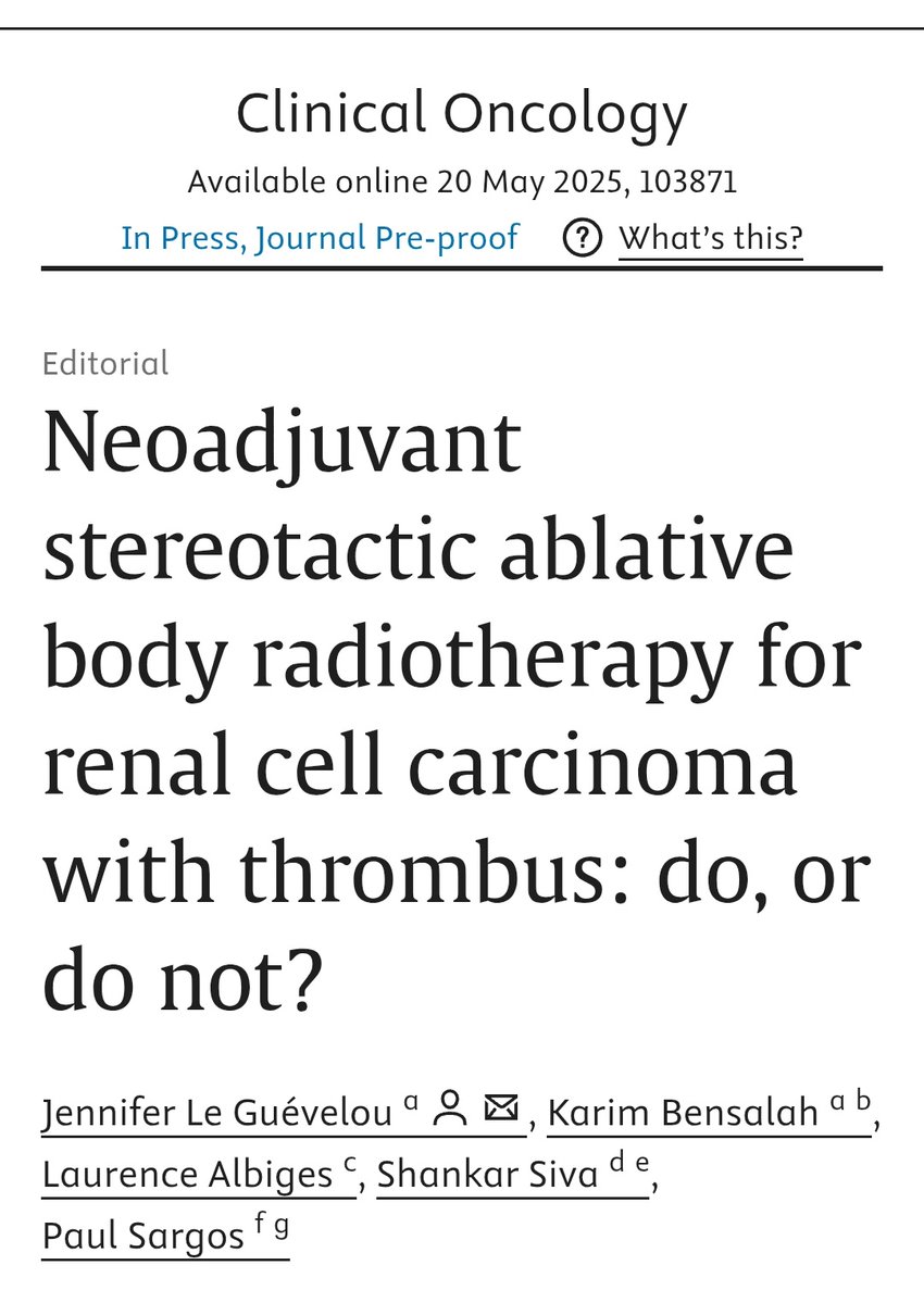 Paul Sargos (@paulsargos) on Twitter photo ☄️Neoadjuvant stereotactic ablative body radiotherapy for renal cell carcinoma (RCC) with thrombus: do, or do not?
👌Nice overview of the scarce data published by
<a href="/JennKa12/">Jennifer Le Guévelou</a>
<a href="/AlbigesL/">Laurence Albiges</a>
<a href="/_ShankarSiva/">Shankar Siva</a>
and Karim Bensalah
Paper online here 👇👇
sciencedirect.com/science/articl… ☄️Neoadjuvant stereotactic ablative body radiotherapy for renal cell carcinoma (RCC) with thrombus: do, or do not?
👌Nice overview of the scarce data published by
<a href="/JennKa12/">Jennifer Le Guévelou</a>
<a href="/AlbigesL/">Laurence Albiges</a>
<a href="/_ShankarSiva/">Shankar Siva</a>
and Karim Bensalah
Paper online here 👇👇
sciencedirect.com/science/articl…