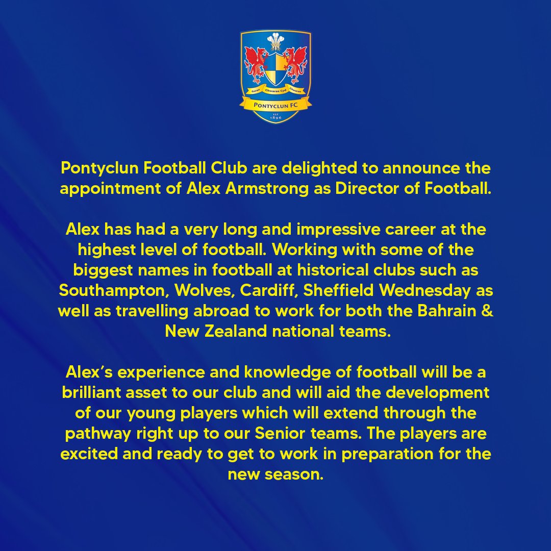 𝗪𝗲𝗹𝗰𝗼𝗺𝗲 𝗔𝗹𝗲𝘅 𝗔𝗿𝗺𝘀𝘁𝗿𝗼𝗻𝗴 💪

The club are thrilled to announce the arrival of Alex Armstrong to Ivor Park as Director of Football.

We're all very excited and ready to get to work in preparation for the new season!

#UpTheClun