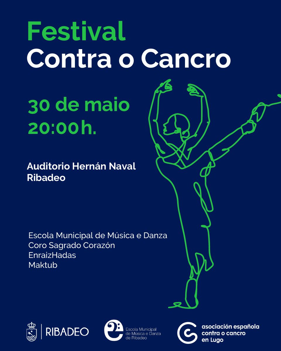 FESTIVAL CONTRA O CANCRO EN RIBADEO‼️

📅 Venres, 30 de maio
📍 Auditorio Hernán Naval Ribadeo
⌚ 20:00h

ENTRADA: 6€
FILA CERO: Se queres colaborar e non podes asistir podes sumarte coa aportación económica que tú elixas.

COMPRA A TÚA ENTRADA:
eventosolidario.contraelcancer.es/es/evento/-fes…