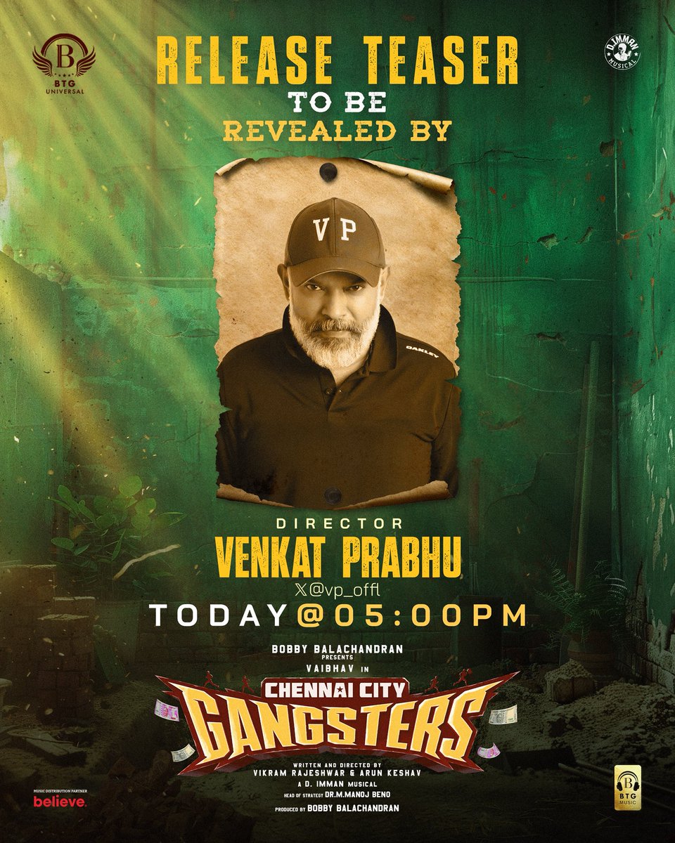 BTG Universal (@btguniversal) on Twitter photo The crowd favorite director, <a href="/vp_offl/">venkat prabhu</a> to launch the release teaser of #ChennaiCityGangsters today at 5PM!
Get ready for the fun filled entertainer in cinemas on the 20th of June.
An <a href="/immancomposer/">D.IMMAN</a> musical!
<a href="/BTGUniversal/">BTG Universal</a> <a href="/bbobby/">bbobby</a> <a href="/ManojBeno/">Manoj Beno</a> <a href="/actor_vaibhav/">Vaibhav</a> <a href="/AthulyaOfficial/">Athulyaa Ravi</a> The crowd favorite director, <a href="/vp_offl/">venkat prabhu</a> to launch the release teaser of #ChennaiCityGangsters today at 5PM!
Get ready for the fun filled entertainer in cinemas on the 20th of June.
An <a href="/immancomposer/">D.IMMAN</a> musical!
<a href="/BTGUniversal/">BTG Universal</a> <a href="/bbobby/">bbobby</a> <a href="/ManojBeno/">Manoj Beno</a> <a href="/actor_vaibhav/">Vaibhav</a> <a href="/AthulyaOfficial/">Athulyaa Ravi</a>