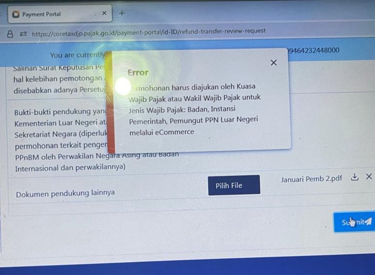 noviaris08's tweet photo. Siang kak @kring_pajak , kami mau menanyakan mengenai pengajuan formulir restitusi pajak melalui coretax, pada saat di submit muncul keterangan harus melalui eCommerce. Kami sudah menanyakan ke AR dan Penyuluh di KPP kami terdaftar, namun belum ada jawaban. Mohon bantuannya https://t.co/ZVrCQfGTpp