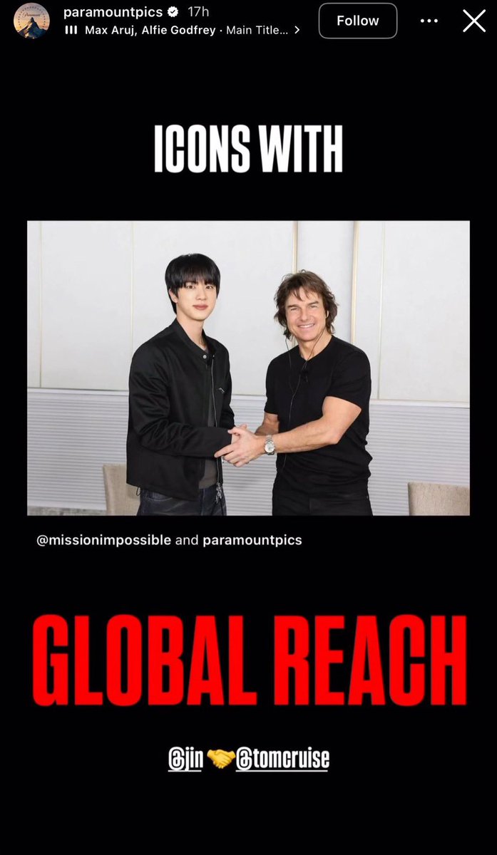 JP_Jinfanbase's tweet photo. #MissionImpossible 映画の配給会社パラマウントピクチャーズがInstagram storyに投稿しました!
“ICONS WITH GLOBAL REACH
@/Jin 🤝 @TomCruise”
🔗 https://t.co/LsyqGI7zYh
MISSION JINPOSSIBLE
#RunJin_EP35 https://t.co/L0xWpzez37