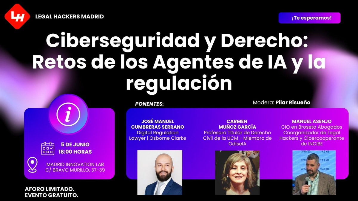 Nuevo encuentro de LegalHackers Madrid. Hablaremos sobre un tema de actualidad.
El desafío que suponen los agentes de IA para el derecho. Ponentes de lujo. Te esperamos el 5 de junio. Apúntate en meetup:
meetup.com/madrid-legal-h…