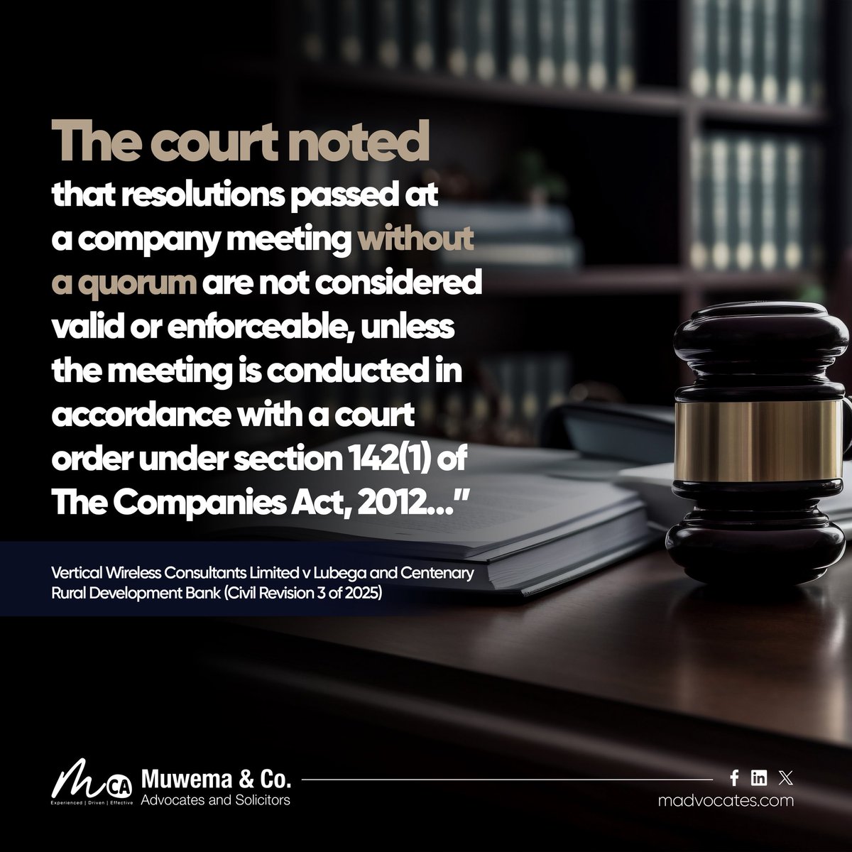 MuwemaLaw's tweet image. A recent High Court case discussed the exceptional situation where a Company Resolution from a directors' meeting might be considered valid without the necessary quorum.
Learn More: bit.ly/4m8dJTT