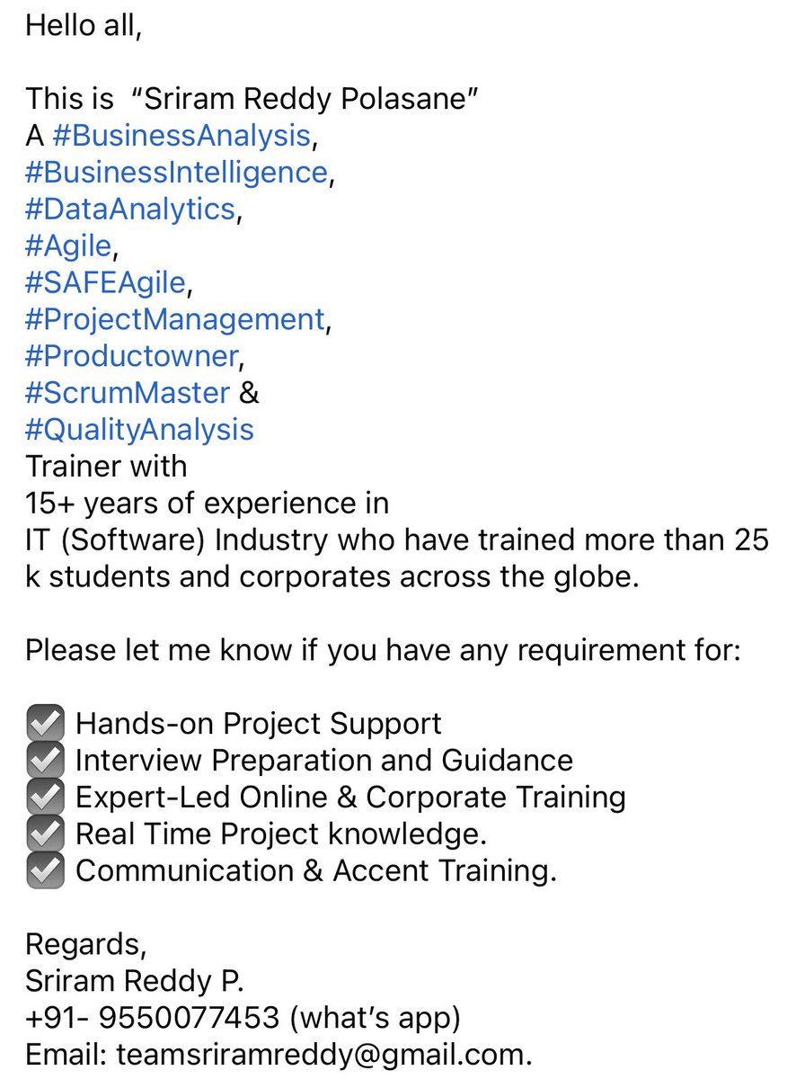 BabEducation's tweet photo. Hello all, 

This is  “Sriram Reddy Polasane” 
A #BusinessAnalysis, 
#BusinessIntelligence,
#DataAnalytics, 
#Agile, 
#SAFEAgile, 
#ProjectManagement, 
#Productowner, 
#ScrumMaster &amp; 
#QualityAnalysis 
Trainer. https://t.co/PAve4tERyU