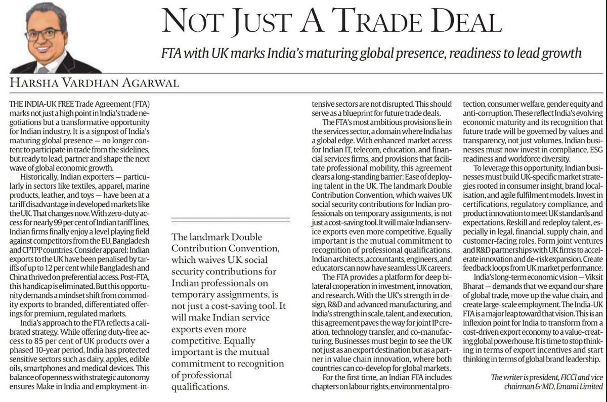PiyushGoyalOffc's tweet photo. Do read this insightful article by @FICCI_India President Mr. Harsha Vardhan Agarwal, where he outlines how the India-UK FTA offers significant opportunities for Indian industry and exporters.

He also emphasises that the FTA will help boost India’s share in global trade, which will be crucial in achieving our long-term economic vision of building a Viksit Bharat.

📰 https://t.co/le4Uvkxkge