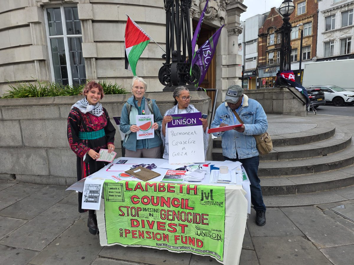 Lambeth UNISON Black workers (@lbwg3) on Twitter photo Palestine workplace action 15/5/25
Join our workers and community campaign to divest workers' pension and deferred wages from Apartheid Israel.
Sign the petition on stalls and online
<a href="/PSCLambeth/">PSC Lambeth & Southwark</a> <a href="/LambSolidarity/">Lambeth Solidarity</a> <a href="/LambethMoney/">Lambeth Money</a> <a href="/Unite_Comm_LS/">Unite Community Lambeth & Southwark</a> <a href="/LambethDivest/">Lambeth4Divestment</a> <a href="/SouthwarkSolid/">Southwark Solidarity 🍉</a> Palestine workplace action 15/5/25
Join our workers and community campaign to divest workers' pension and deferred wages from Apartheid Israel.
Sign the petition on stalls and online
<a href="/PSCLambeth/">PSC Lambeth & Southwark</a> <a href="/LambSolidarity/">Lambeth Solidarity</a> <a href="/LambethMoney/">Lambeth Money</a> <a href="/Unite_Comm_LS/">Unite Community Lambeth & Southwark</a> <a href="/LambethDivest/">Lambeth4Divestment</a> <a href="/SouthwarkSolid/">Southwark Solidarity 🍉</a>