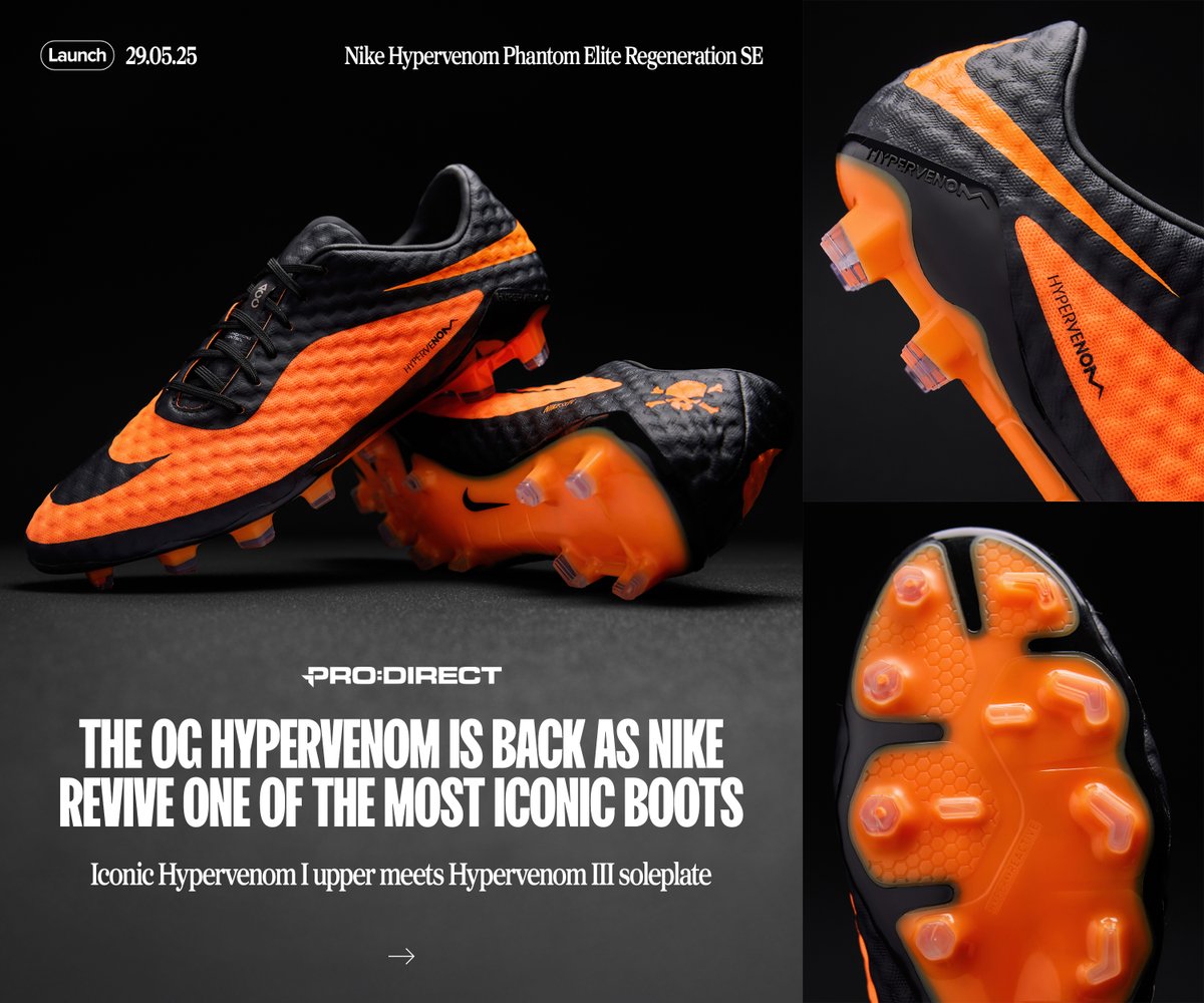 The OG Returns 😍 We've been transported right back in time as Nike have resurrected the OG Hypervenom 🤯 That black and orange colourway is nothing short of timeless 🤩 Shop your pair online from 29.05 at Pro:Direct Soccer - the World's Largest Bootroom 📲